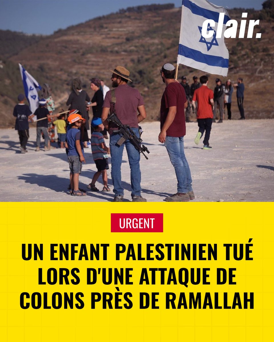 Clair_officiel's tweet photo. 🚨 URGENT • 🇵🇸🇮🇱 | Des forces israéliennes ont tué un enfant palestinien de 16 ans lors d’une attaque de colons près de Ramallah, selon l’agence Wafa.

Quatre autres personnes ont été blessées à Jiljilya. Des colons auraient aussi volé environ 700 moutons à Sinjil.

- Wafa https://t.co/UDx2vGJKke