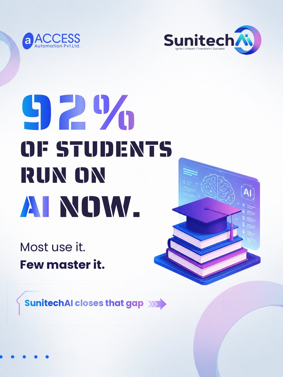 SunitechAI's tweet photo. 92% of students already use AI for learning 🤖

AI is now a career skill, not an option.

Join the FREE LIVE AI Webinar by SunitechAI x AAPL 🚀

📅 16 May 2026 | ⏰ 10 AM IST

👉 Register Now: https://t.co/b7GvGRwXGN

#SunitechAI #AI #AIWebinar https://t.co/a7pFlP5cab