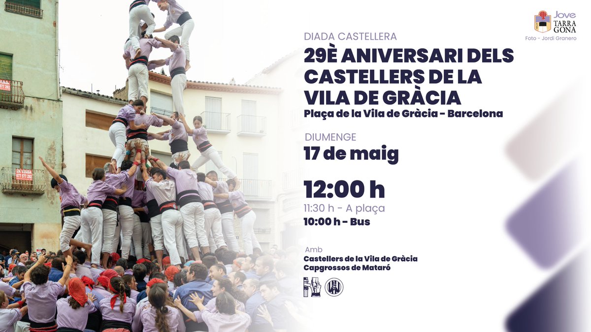 JoveDeTarragona's tweet photo. Gràcia ens espera! Aquest diumenge celebrem el 29è aniversari dels Castellers de la Vila de Gràcia 🎉

Compartirem plaça amb els @capgrossos i els @cvg_cat en una diada que promet 😉

#castells #FemElPas https://t.co/YLJCtOxs4e