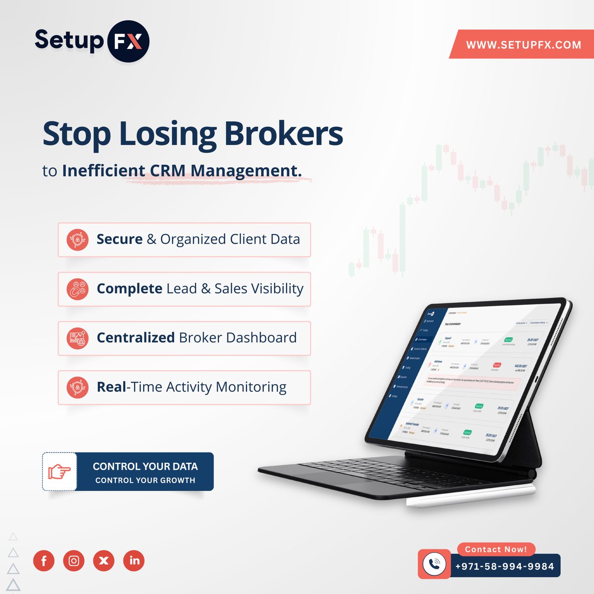 FxSetup's tweet photo. Stop Losing Brokers to Inefficient CRM Management.

With SetupFX CRM Solutions, every client interaction is tracked, secured, and optimized.

• Secure &amp; Organized Client Data
• Complete Lead &amp; Sales Visibility
• Centralized Broker Dashboard
• Real-Time Activity Monitoring https://t.co/iSqxkyqyBv