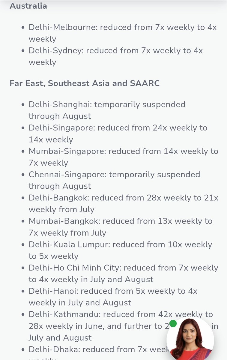 shukla_tarun's tweet photo. Massive flight cuts by @AirIndia in June and August due to airspace, Iran, oil price issues etc :

- Non-stop to Chicago, New York, Newark from Delhi suspended. Shanghai, Maldives gone too

- Paris down by half as are many other routes : https://t.co/GbZbRVk6x6