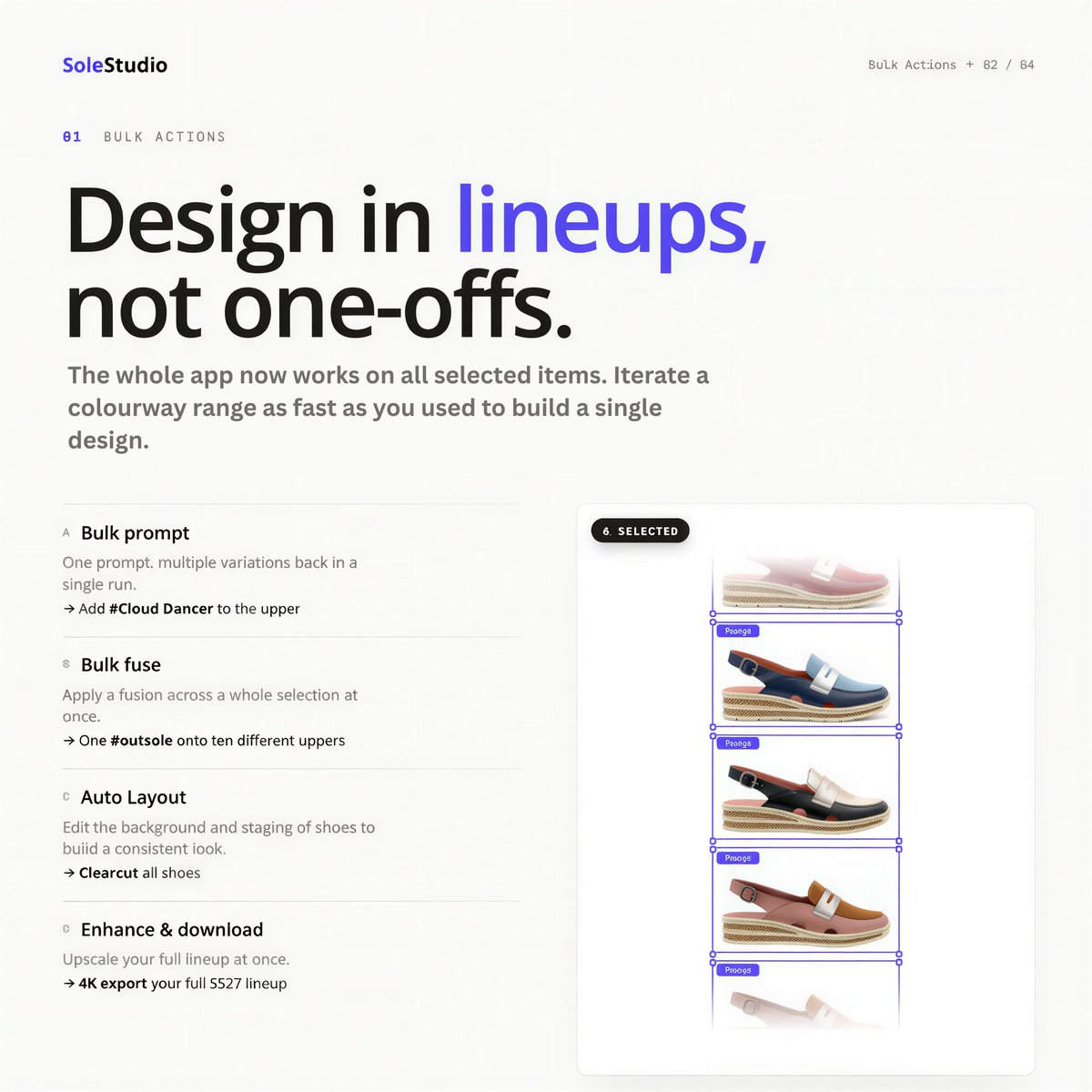 SoleStudioai's tweet photo. Over the past 10 weeks I've worked closely with customers and prospects to make SoleStudio better than ever! Introducing:
- Bulk Actions (prompt, layout, fuse)
- Asset Libraries 
- Extract swatches from images
- Draw on images for prompting https://t.co/c6xPKjKIJ1