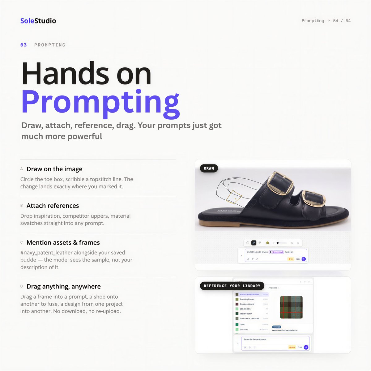 SoleStudioai's tweet photo. Over the past 10 weeks I've worked closely with customers and prospects to make SoleStudio better than ever! Introducing:
- Bulk Actions (prompt, layout, fuse)
- Asset Libraries 
- Extract swatches from images
- Draw on images for prompting https://t.co/c6xPKjKIJ1