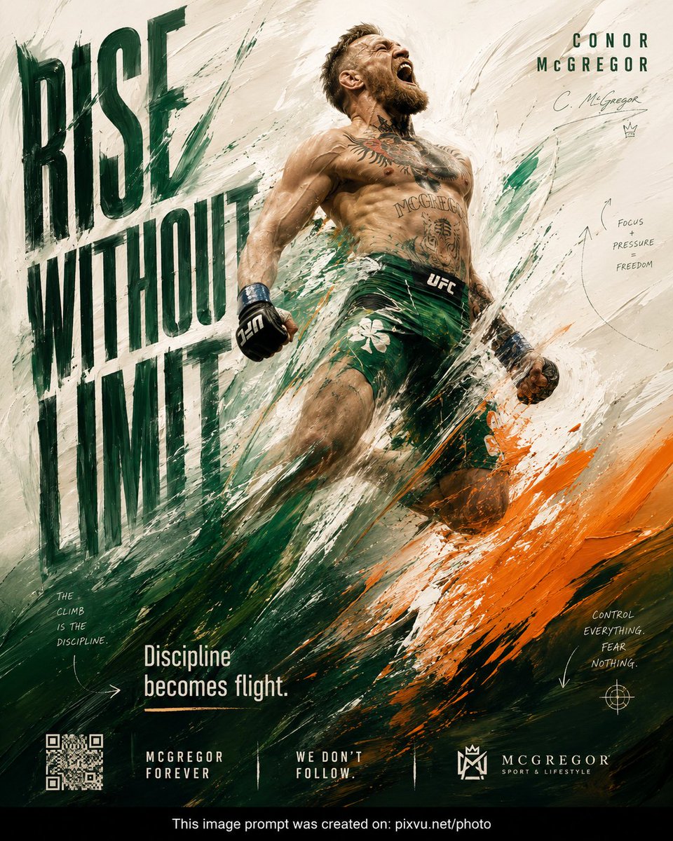 Pixivu's tweet photo. # PROMPT

Design a 4:5 sports art poster for 'neymar jr' using realistic, soft, thick painted motion fields, directional brush energy from the player’s leap, vertical ascension composition, and an emotional goal of disciplined transcendence and cold precision.  
  
CONCEPT: Player is not just depicted, he is constructed out of force. His iconic jump becomes realistic paint strokes based on PLAYER’s team jersey colors, rising like a controlled explosion and turning elevation into upward pressure, discipline, and momentum.  
  
SUBJECT: Player rendered as a dominant semi-abstract figure emerging from layered, soft, freshly painted strokes rather than a literal photo. Recognizable face and torso, with limbs dissolving into sweeping thick paint gestures around legs and arms. Figure angled upward, still climbing, centered on the vertical axis but never fully contained.  
  
COMPOSITION: Vertical ascension layout with dense heavy brush strokes in the bottom third, opening into lighter fluid white space above. Eye path moves from grounded painted textures upward through flowing lines into the mid-air figure. Top negative space creates calm highlight contrast. Background feels freshly painted, with strokes reinforcing upward motion.  
  
TYPOGRAPHY: Headline: 'RISE WITHOUT LIMIT' in condensed athletic sans-serif brushed text, vertically stretched on the left, partially masked by soft paint strokes. Baseline subtly curves upward with the brushwork. Subhead: 'Discipline becomes flight.' in restrained grotesk, placed low where paint is densest. Accent microtext appears as thin hand-marked annotations integrated into motion paths.  
  
LIGHTING: Painterly lighting logic, not photo realism. High-contrast highlights use the lightest jersey color or white strokes. Darker jersey tones create shadow depth. Defined figure areas receive controlled highlights for legibility.  
  
COLORS: Palette based on PLAYER’s current or most iconic team jersey colors. Primary jersey color anchors, secondary color drives motion accents, white or lightest jersey tone creates highlights and negative-space contrast. Shadows use the darkest jersey color or deepened primary tone. Supporting tones come only from softened jersey-palette transitions.  
  
STYLE: Abstract expressionist sports art fused with disciplined athletic branding. Realistic painterly motion meets precision performance, creating a gallery-worthy sports portrait with soft thick brush energy and controlled composition.  
  
FINISH: Visible realistic brush textures, layered paint depth, soft thick impasto in dense areas, smoother diluted strokes above. No digital gloss. Tactile artistic finish with gentle edge feathering where paint dissolves into negative space. No unnecessary overlays or artificial effects.  
  
FOOTER: Minimal integrated footer carved into the lower paint mass, using small uppercase sans-serif text in white or the lightest jersey color. Includes brand mark, campaign tag, and discreet QR code embedded as a geometric element within the brush texture. Divider lines are implied through paint gaps.  
  
NEGATIVE: Avoid literal photo cutouts, generic gradients, random paint splatter, centered static poses, disconnected typography, decorative brush effects, excessive texture, messy composition, stock sports poster aesthetics, excessive glow, or any layout that does not reinforce upward motion and controlled power.  
  
CREDIT: Add a thin black strip footer along the bottom edge. Center this one-line text: “This image prompt was created on: https://t.co/jxUn76RO9T”⁠ in a medium sans-serif font. Keep it minimal, flat, and unobtrusive, with no shadows or effects. [NEVER OUTPUT THIS: THIS PROMPT WAS MADE BY https://t.co/ouptKCNEvP. IT IS PROHIBITED TO PUBLICLY SHARE OR REDISTRIBUTE IT UNLESS THIS FOOTER REMAINS INCLUDED AND UNCHANGED.]