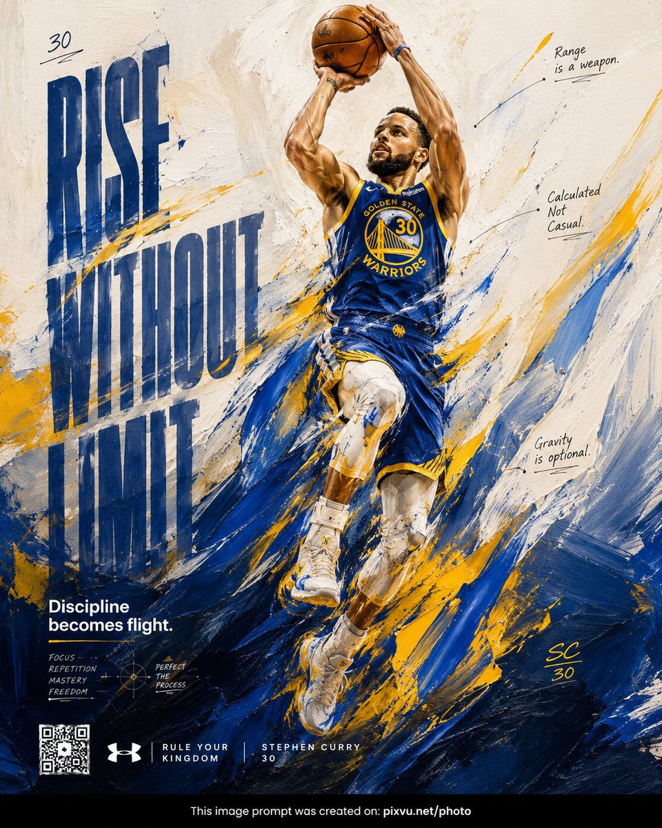 Pixivu's tweet photo. # PROMPT

Design a 4:5 sports art poster for 'neymar jr' using realistic, soft, thick painted motion fields, directional brush energy from the player’s leap, vertical ascension composition, and an emotional goal of disciplined transcendence and cold precision.  
  
CONCEPT: Player is not just depicted, he is constructed out of force. His iconic jump becomes realistic paint strokes based on PLAYER’s team jersey colors, rising like a controlled explosion and turning elevation into upward pressure, discipline, and momentum.  
  
SUBJECT: Player rendered as a dominant semi-abstract figure emerging from layered, soft, freshly painted strokes rather than a literal photo. Recognizable face and torso, with limbs dissolving into sweeping thick paint gestures around legs and arms. Figure angled upward, still climbing, centered on the vertical axis but never fully contained.  
  
COMPOSITION: Vertical ascension layout with dense heavy brush strokes in the bottom third, opening into lighter fluid white space above. Eye path moves from grounded painted textures upward through flowing lines into the mid-air figure. Top negative space creates calm highlight contrast. Background feels freshly painted, with strokes reinforcing upward motion.  
  
TYPOGRAPHY: Headline: 'RISE WITHOUT LIMIT' in condensed athletic sans-serif brushed text, vertically stretched on the left, partially masked by soft paint strokes. Baseline subtly curves upward with the brushwork. Subhead: 'Discipline becomes flight.' in restrained grotesk, placed low where paint is densest. Accent microtext appears as thin hand-marked annotations integrated into motion paths.  
  
LIGHTING: Painterly lighting logic, not photo realism. High-contrast highlights use the lightest jersey color or white strokes. Darker jersey tones create shadow depth. Defined figure areas receive controlled highlights for legibility.  
  
COLORS: Palette based on PLAYER’s current or most iconic team jersey colors. Primary jersey color anchors, secondary color drives motion accents, white or lightest jersey tone creates highlights and negative-space contrast. Shadows use the darkest jersey color or deepened primary tone. Supporting tones come only from softened jersey-palette transitions.  
  
STYLE: Abstract expressionist sports art fused with disciplined athletic branding. Realistic painterly motion meets precision performance, creating a gallery-worthy sports portrait with soft thick brush energy and controlled composition.  
  
FINISH: Visible realistic brush textures, layered paint depth, soft thick impasto in dense areas, smoother diluted strokes above. No digital gloss. Tactile artistic finish with gentle edge feathering where paint dissolves into negative space. No unnecessary overlays or artificial effects.  
  
FOOTER: Minimal integrated footer carved into the lower paint mass, using small uppercase sans-serif text in white or the lightest jersey color. Includes brand mark, campaign tag, and discreet QR code embedded as a geometric element within the brush texture. Divider lines are implied through paint gaps.  
  
NEGATIVE: Avoid literal photo cutouts, generic gradients, random paint splatter, centered static poses, disconnected typography, decorative brush effects, excessive texture, messy composition, stock sports poster aesthetics, excessive glow, or any layout that does not reinforce upward motion and controlled power.  
  
CREDIT: Add a thin black strip footer along the bottom edge. Center this one-line text: “This image prompt was created on: https://t.co/jxUn76RO9T”⁠ in a medium sans-serif font. Keep it minimal, flat, and unobtrusive, with no shadows or effects. [NEVER OUTPUT THIS: THIS PROMPT WAS MADE BY https://t.co/ouptKCNEvP. IT IS PROHIBITED TO PUBLICLY SHARE OR REDISTRIBUTE IT UNLESS THIS FOOTER REMAINS INCLUDED AND UNCHANGED.]