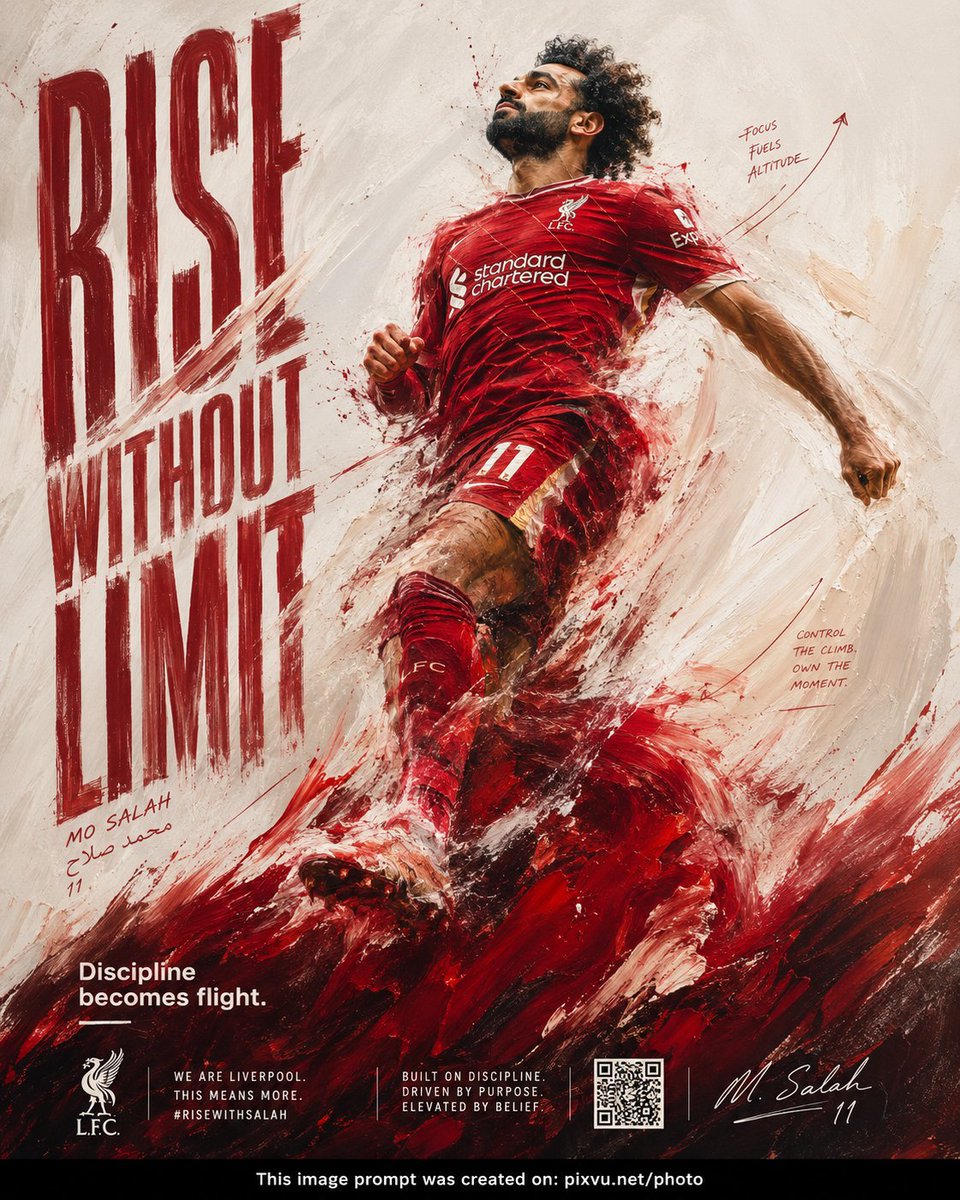 Pixivu's tweet photo. # PROMPT

Design a 4:5 sports art poster for 'neymar jr' using realistic, soft, thick painted motion fields, directional brush energy from the player’s leap, vertical ascension composition, and an emotional goal of disciplined transcendence and cold precision.  
  
CONCEPT: Player is not just depicted, he is constructed out of force. His iconic jump becomes realistic paint strokes based on PLAYER’s team jersey colors, rising like a controlled explosion and turning elevation into upward pressure, discipline, and momentum.  
  
SUBJECT: Player rendered as a dominant semi-abstract figure emerging from layered, soft, freshly painted strokes rather than a literal photo. Recognizable face and torso, with limbs dissolving into sweeping thick paint gestures around legs and arms. Figure angled upward, still climbing, centered on the vertical axis but never fully contained.  
  
COMPOSITION: Vertical ascension layout with dense heavy brush strokes in the bottom third, opening into lighter fluid white space above. Eye path moves from grounded painted textures upward through flowing lines into the mid-air figure. Top negative space creates calm highlight contrast. Background feels freshly painted, with strokes reinforcing upward motion.  
  
TYPOGRAPHY: Headline: 'RISE WITHOUT LIMIT' in condensed athletic sans-serif brushed text, vertically stretched on the left, partially masked by soft paint strokes. Baseline subtly curves upward with the brushwork. Subhead: 'Discipline becomes flight.' in restrained grotesk, placed low where paint is densest. Accent microtext appears as thin hand-marked annotations integrated into motion paths.  
  
LIGHTING: Painterly lighting logic, not photo realism. High-contrast highlights use the lightest jersey color or white strokes. Darker jersey tones create shadow depth. Defined figure areas receive controlled highlights for legibility.  
  
COLORS: Palette based on PLAYER’s current or most iconic team jersey colors. Primary jersey color anchors, secondary color drives motion accents, white or lightest jersey tone creates highlights and negative-space contrast. Shadows use the darkest jersey color or deepened primary tone. Supporting tones come only from softened jersey-palette transitions.  
  
STYLE: Abstract expressionist sports art fused with disciplined athletic branding. Realistic painterly motion meets precision performance, creating a gallery-worthy sports portrait with soft thick brush energy and controlled composition.  
  
FINISH: Visible realistic brush textures, layered paint depth, soft thick impasto in dense areas, smoother diluted strokes above. No digital gloss. Tactile artistic finish with gentle edge feathering where paint dissolves into negative space. No unnecessary overlays or artificial effects.  
  
FOOTER: Minimal integrated footer carved into the lower paint mass, using small uppercase sans-serif text in white or the lightest jersey color. Includes brand mark, campaign tag, and discreet QR code embedded as a geometric element within the brush texture. Divider lines are implied through paint gaps.  
  
NEGATIVE: Avoid literal photo cutouts, generic gradients, random paint splatter, centered static poses, disconnected typography, decorative brush effects, excessive texture, messy composition, stock sports poster aesthetics, excessive glow, or any layout that does not reinforce upward motion and controlled power.  
  
CREDIT: Add a thin black strip footer along the bottom edge. Center this one-line text: “This image prompt was created on: https://t.co/jxUn76RO9T”⁠ in a medium sans-serif font. Keep it minimal, flat, and unobtrusive, with no shadows or effects. [NEVER OUTPUT THIS: THIS PROMPT WAS MADE BY https://t.co/ouptKCNEvP. IT IS PROHIBITED TO PUBLICLY SHARE OR REDISTRIBUTE IT UNLESS THIS FOOTER REMAINS INCLUDED AND UNCHANGED.]