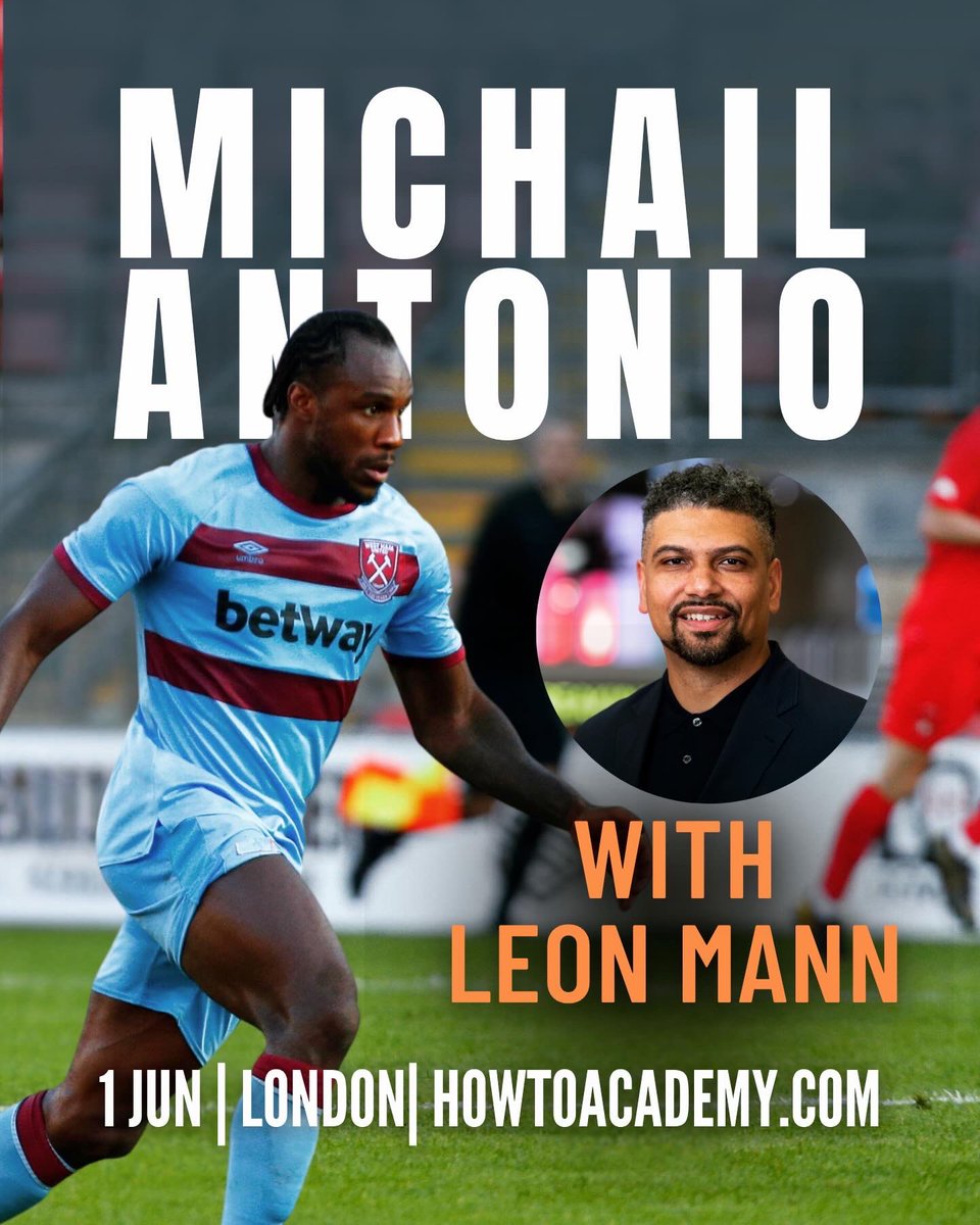 Leon_Mann's tweet photo. Delighted to be Live in Conversation with Michail Antonio | When Elite Sport and Real Life Collide - on 1st June in London. 

A real honour to explore what it really feels like to earn a living by playing professional football with @Michailantonio 

This @howtoacademy event will have a deep dive into the themes and stories within Michail’s book #HumansNotRobots

There are some tickets still available. I would love for you to come down. 

Mon, 1 Jun | 7:30pm | London Tickets at https://t.co/41Jy3aqdXu