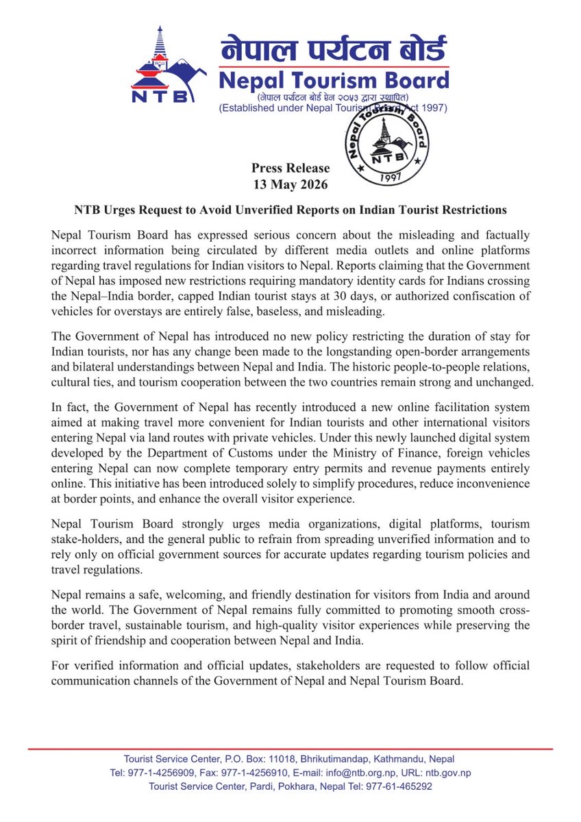 ITGGlobal's tweet photo. #JUSTIN:
Nepal Tourism Board has denied rumours of new travel restrictions for Indians crossing the India-Nepal border, saying no mandatory ID rule has been introduced.
#Nepal #IndiaNepalBorder #TravelNews #NepalTourism #BorderTravel #IndiaTodayGlobal https://t.co/YRJOsqgYPR