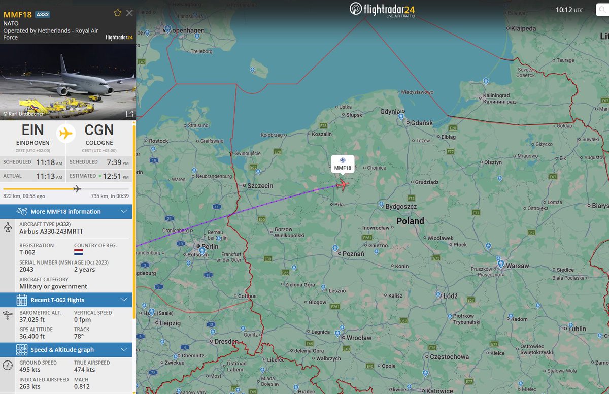 PolishMilRadar's tweet photo. 📅 13.05 🕘 12:13LT - ✈️ A330MRTT nad Polską
Nad Polską, w kierunku Litwy 🇱🇹, przemieszcza się obecnie tankowiec ✈️ #MMF18 Airbus A330-243MRTT "T-062" Multinational Multi-Role Tanker Transport Fleet (MMF), który wystartował z bazy na lotnisku w Eindhoven #EHEH w Holandii 🇳🇱. Używa on callsignu wykorzystywanego zazwyczaj podczas wykonywania misji tankowania w powietrzu i prawdopodobnie taką będzie realizował, jednak na ten moment nie wygląda na to aby takowe miało odbywać się w naszej przestrzeni powietrznej.
🔗 https://t.co/MOIy3IO8kT
#POLMILRADAR