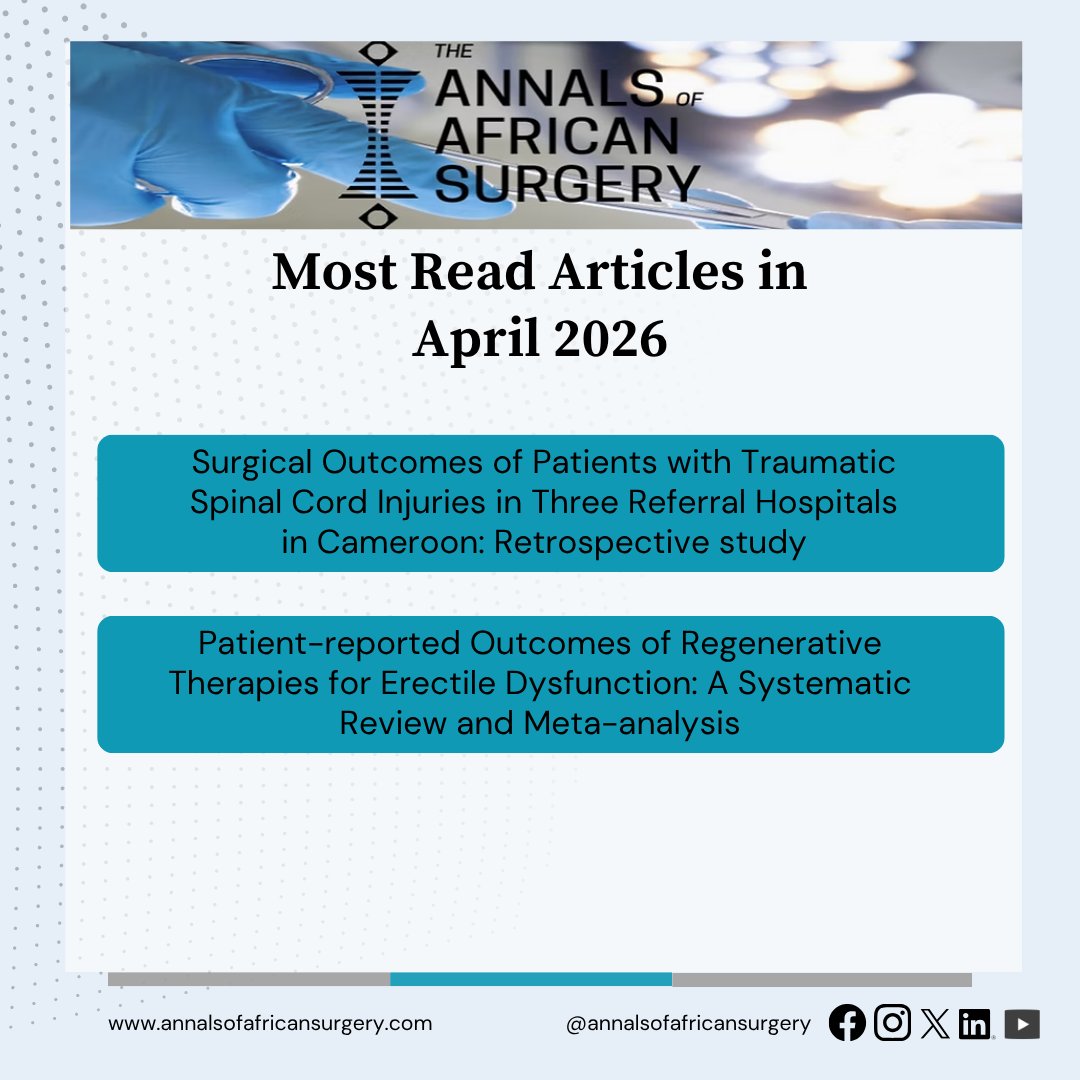 AfricanSurgery's tweet photo. Most read articles, April 2026.
Access here: https://t.co/Fm98zLe5xf
Keep reading. Keep citing. Let’s keep African surgical research visible and impactful.

#AnnalsOfAfricanSurgery #CiteAfricanResearch #Surgery #GlobalSurgery
@AJPPEditors @HealthProfKE @arumwesta https://t.co/eMQ94TqTJG
