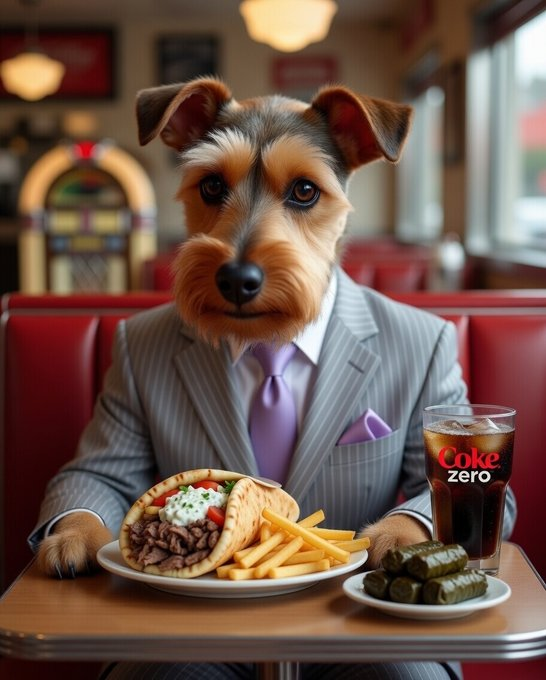 bigsoup6_7's tweet photo. Scrappy at the diner doing it the classic Greek way. Gyro, crispy fries, and a side of stuffed grape leaves. Scrappy fueling up the right way because that’s how Scrappy rolls.
#HumpDayLunch #GyroTime #ScrappyEats https://t.co/xQc9hH3Ujy