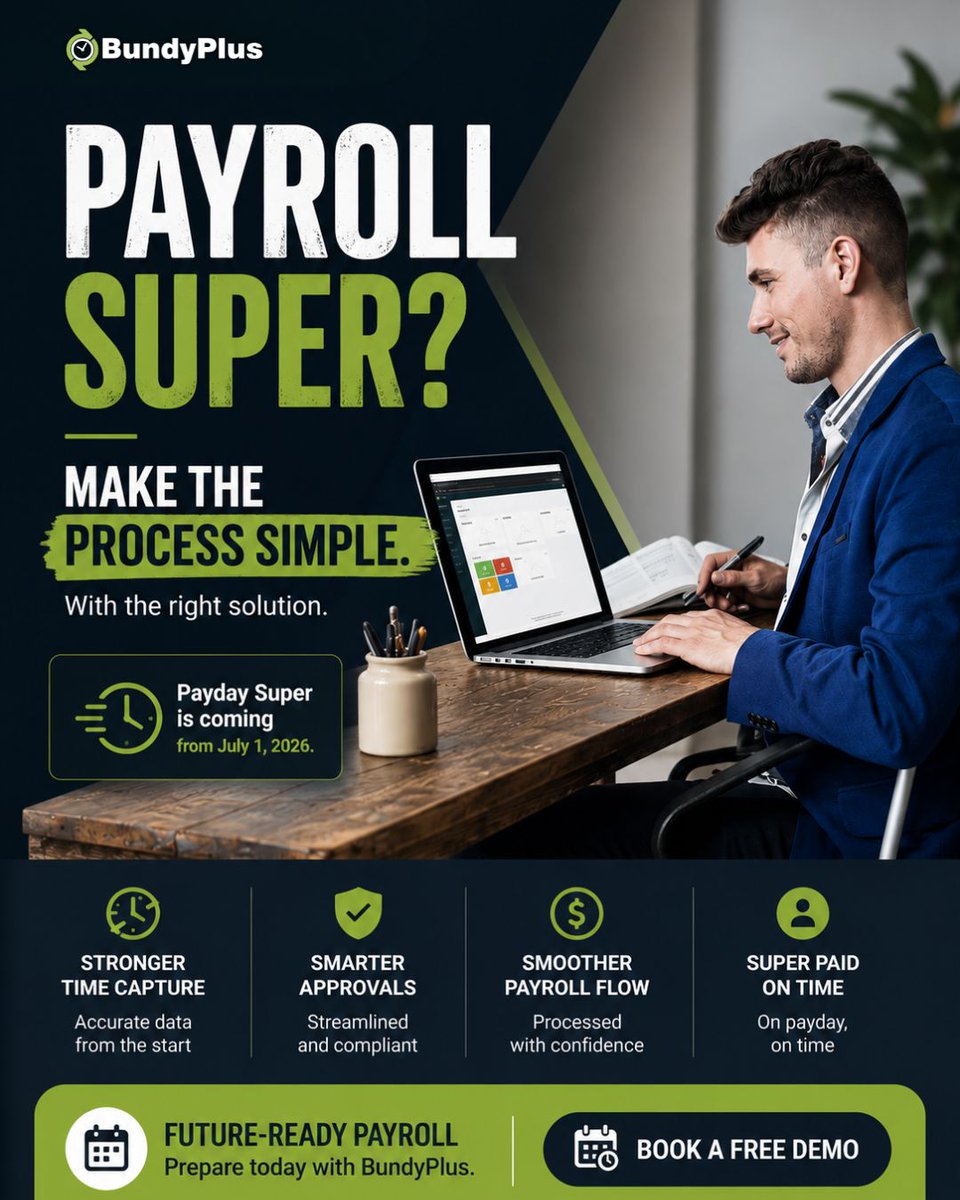 BundyPlus's tweet photo. Payday Super starts July 1 2026, and super will generally need to be deposited into the fund within 7 business days after payday. ✅ #BundyPlus has a useful article on building a stronger payroll chain before the change hits. Give it a read today! https://t.co/PbmZEm2nay https://t.co/bVFmALlP5v