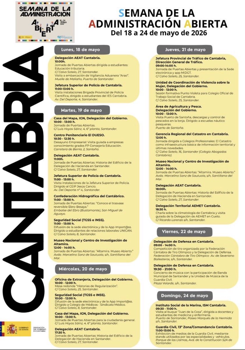 DelegGobCANT's tweet photo. La @DelegGobCANT se suma a la Semana de la Administración Abierta.

📅Del 18 al 24 mayo

➡️ Un completo programa de actividades con jornadas de puertas abiertas en organismos del Estado, charlas, visitas y exhibiciones

📍 https://t.co/iadrvE7UAb https://t.co/jVMSmZqFVs