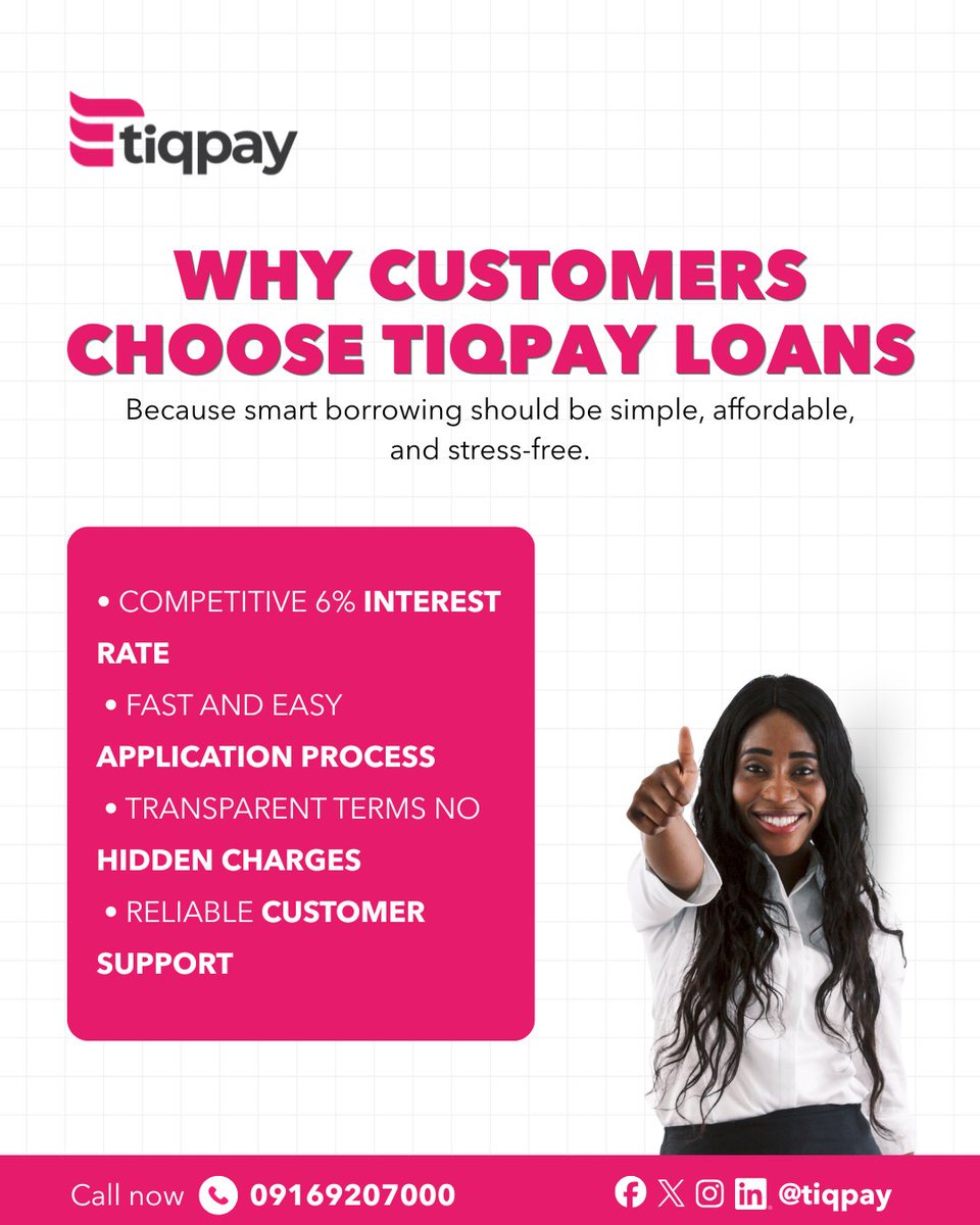 tiqpay's tweet photo. Why do customers keep choosing Tiqpay?

Because we make borrowing simple, affordable, and transparent. No hidden charges. No complicated process. Just fast access to funds when you need them most.

Smart loans. Clear terms. Real support.

Ready to apply? 💚 https://t.co/l2oBq1K2WR