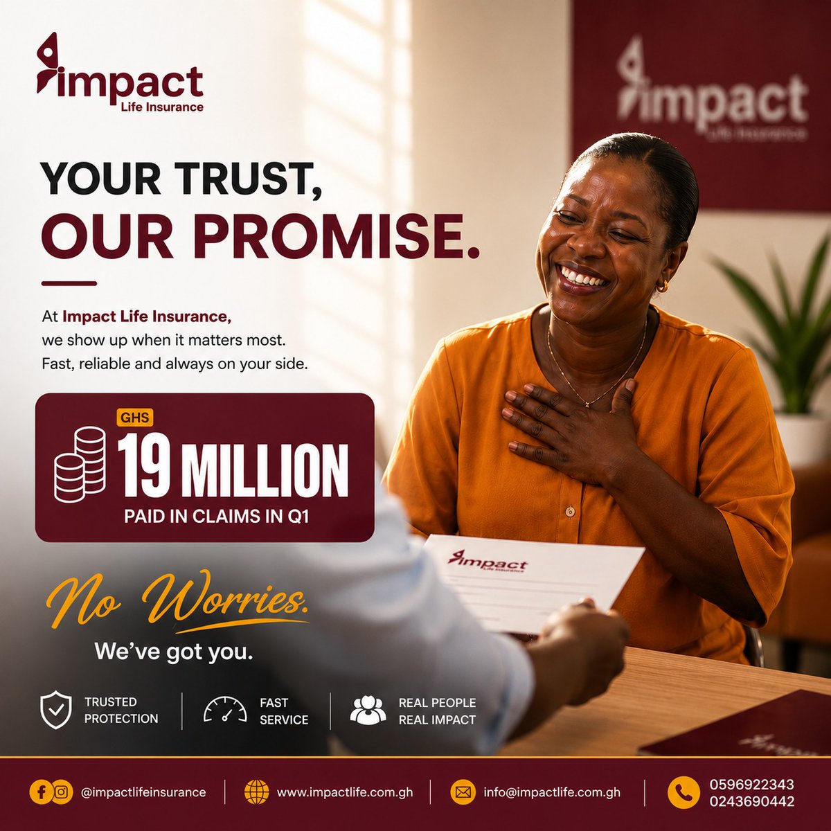 ImpactLifeGh's tweet photo. Over GHS 19 MILLION+ paid in claims in Q1 2026.
Every claim paid represents a promise honoured, a family supported, and trust delivered.
When it mattered most, we showed up.
#ImpactLifeInsurance #ClaimsPaid #ImpactCares #NoWorries. https://t.co/LXcsNj8Bqj