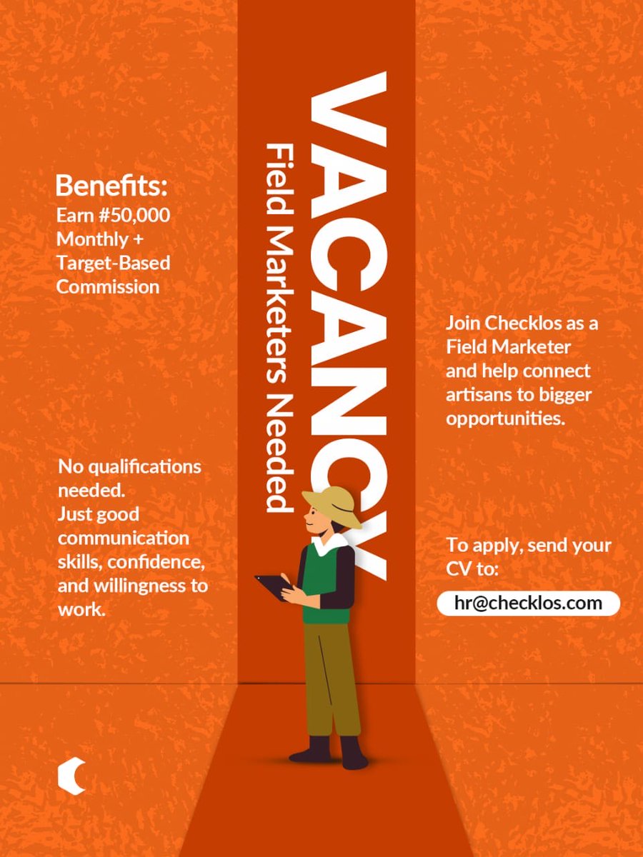 Checklos__'s tweet photo. We're Hiring!
Join Checklos as a Field Marketer and earn:

💰 ₦50,000 Monthly
➕ Target-Based Commission

No qualifications needed.
Just confidence, communication skills, and willingness to work.

Send your CV to:
hr@checklos.com https://t.co/GvXBgEnn0q