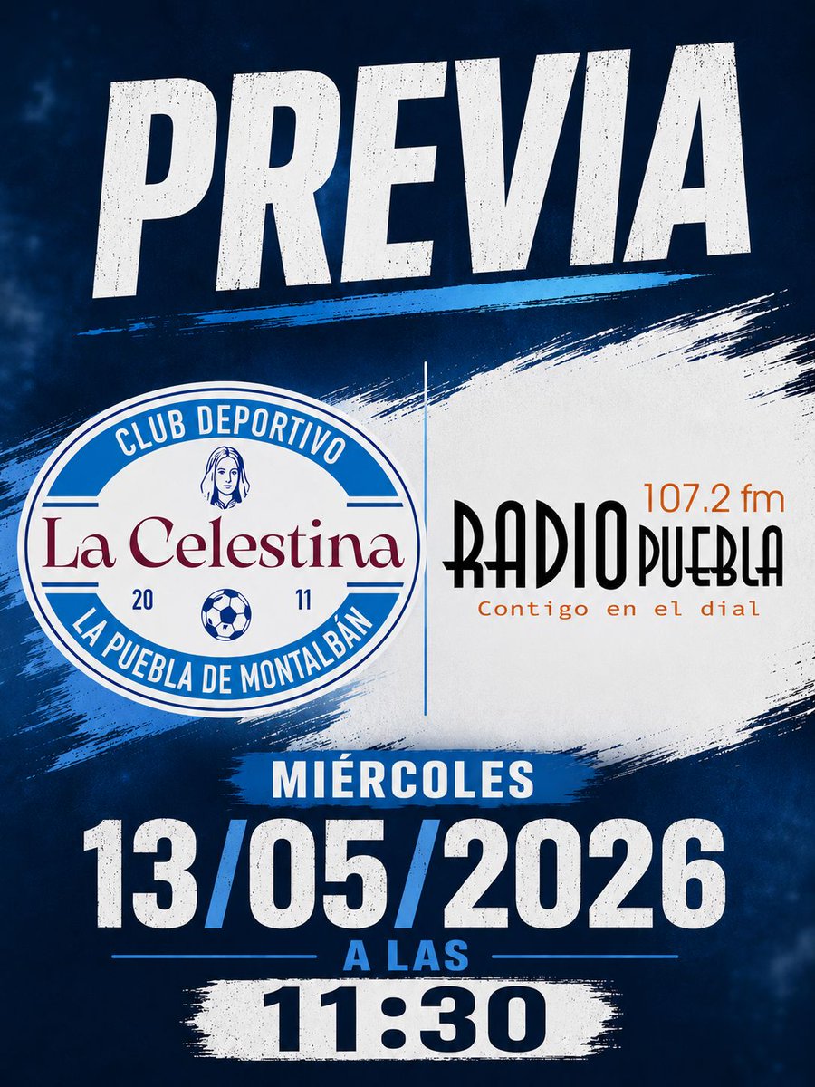 RadioPuebla's tweet photo. Daniel de los Reyes, desde el CD La Celestina, nos pone al día sobre el  último partido de la temporada, donde se enfrentarán al FS Menasalbas a  las 6 de la tarde del sábado 16. #LaPueblaDeMontalbán 13/05/26 https://t.co/Di08aIXKJX https://t.co/qxpxpRbMnK