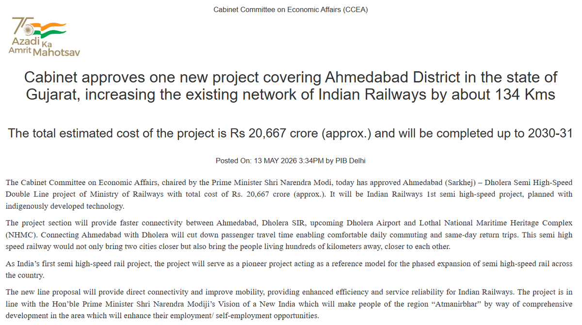 PTI_News's tweet photo. A press release by Cabinet Committee on Economic Affairs (CCEA) reads, "The Cabinet Committee on Economic Affairs, chaired by the Prime Minister Shri Narendra Modi, today has approved Ahmedabad (Sarkhej) – Dholera Semi High-Speed Double Line project of Ministry of Railways with total cost of Rs. 20,667 crore (approx.). It will be Indian Railways 1st semi high-speed project, planned with indigenously developed technology."