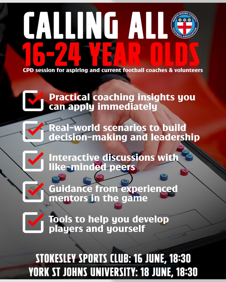 NorthRidingFA's tweet photo. CALLING ALL 16-24 YEAR OLDS! 🚨

Take your first steps in coaching and volunteering with our two CPD events, held in Stokesley and York!

To sign up to the events, led by Coach Development Lead Bob Wilkinson, click below 👇

https://t.co/Hl9VpwZKQ3 https://t.co/DWfcBNqyNt