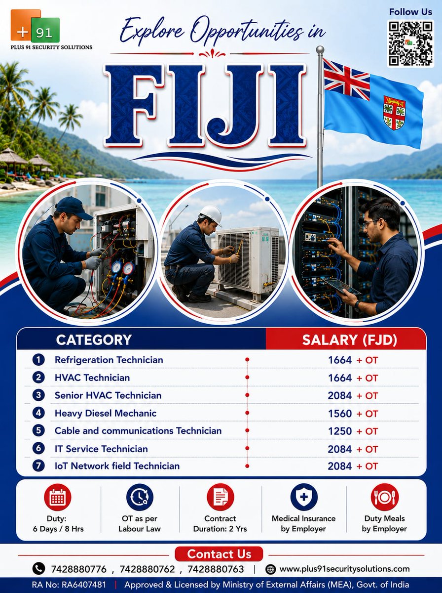 Plus91SS_'s tweet photo. 🌏Explore high-paying technical jobs in Fiji 🇫🇯 with attractive salary packages, overtime benefits, medical insurance, and employer-provided meals.

📞 0120-4156-412, +91-7428880776
🌐 https://t.co/e2LqLe3eNR

#Plus91SecuritySolutions #FijiJobs #OverseasJobs #HVACJobs #Technician https://t.co/aAFODTB1Oa