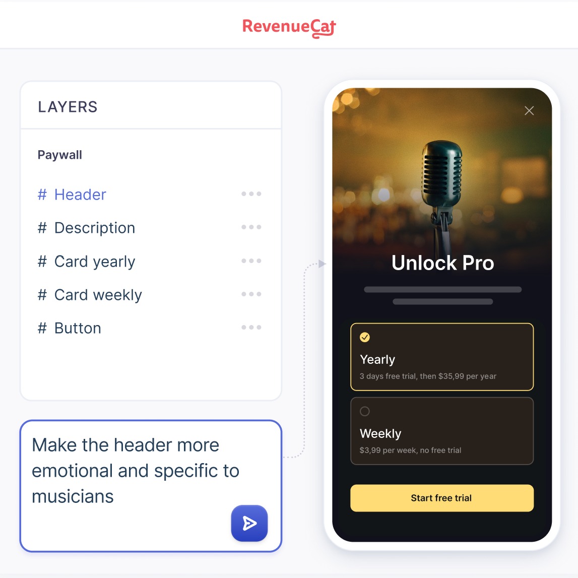 RevenueCat's tweet photo. Update your paywall with a prompt.

Start from scratch or screenshots → describe the changes you want → generate new variations instantly.

Try our new AI Editor 👇