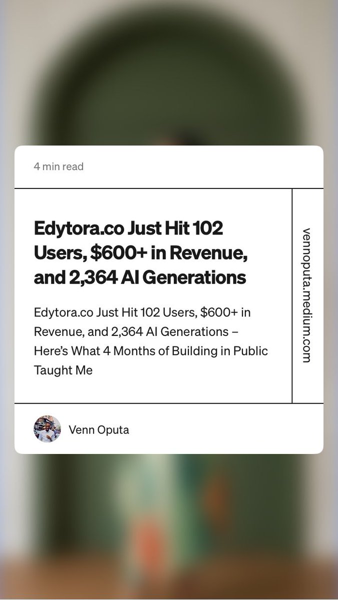 Venn_Oputa's tweet photo. “https://t.co/kZoZVANVi5 Just Hit 102 Users, $600+ in Revenue, and 2,364 AI Generations” by Venn Oputa https://t.co/ohBCeN39aU https://t.co/uiRvtPdZaX