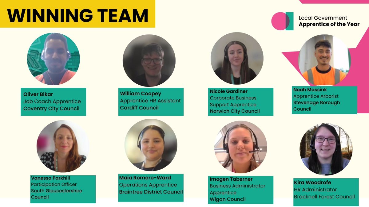 LGAcomms's tweet photo. #LGApprentice2026 winning team were Oliver Bikar @CoventryCC, William Coopey @cardiffcouncil, Nicole Gardiner @NorwichCC, Noah Massink @StevenageBC, Vanessa Parkhill @SouthGlos, Maia Romero-Ward @BraintreeDC, Imogen Taberner @WiganCouncil and Kira Woodrofe @BracknellForest.

4/6 https://t.co/cMWp2vkpYt