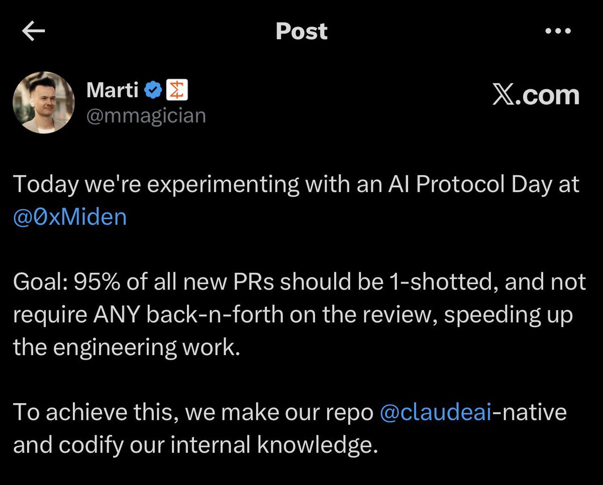 Tajudeen_10's tweet photo. BREAKING NEWS FAM 🚨

We are slowly moving from “engineers using AI”

to

“AI-native engineering systems.”

Today,  @mmagician @0xMiden shared an interesting experiment they’re running internally using Claude.

The goal is ambitious:

They want 95% of new code submissions to work correctly on the FIRST try without requiring endless reviews, corrections, or back-and-forth discussions between engineers.

For beginners that don’t understand software engineering:

Whenever developers write code, they usually submit it as something called a “PR” (Pull Request).

A PR is basically:
“Here’s the code I wrote. Please review it before adding it to the project.”

Normally, another engineer reviews the code and sends feedback like:
• fix this bug  
• follow this coding rule  
• improve this logic  
• rename this  
• this might break something  

Then the developer goes back, edits the code, and submits it again.

This process can repeat many times and slows development down.