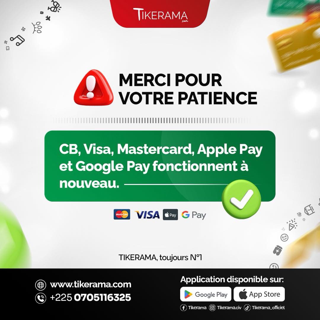 Tikerama's tweet photo. 🚨 Merci pour votre patience !
✅ Les paiements par CB, Visa, Mastercard, Apple Pay et Google Pay sont de nouveau disponibles sur TIKERAMA.
📲 Disponible sur Google Play & App Store
🌍https://t.co/REvyMbZcKg
#Tikerama #PaiementEnLigne #ApplePay #GooglePay #Visa #Mastercard https://t.co/4SWPoaI23R