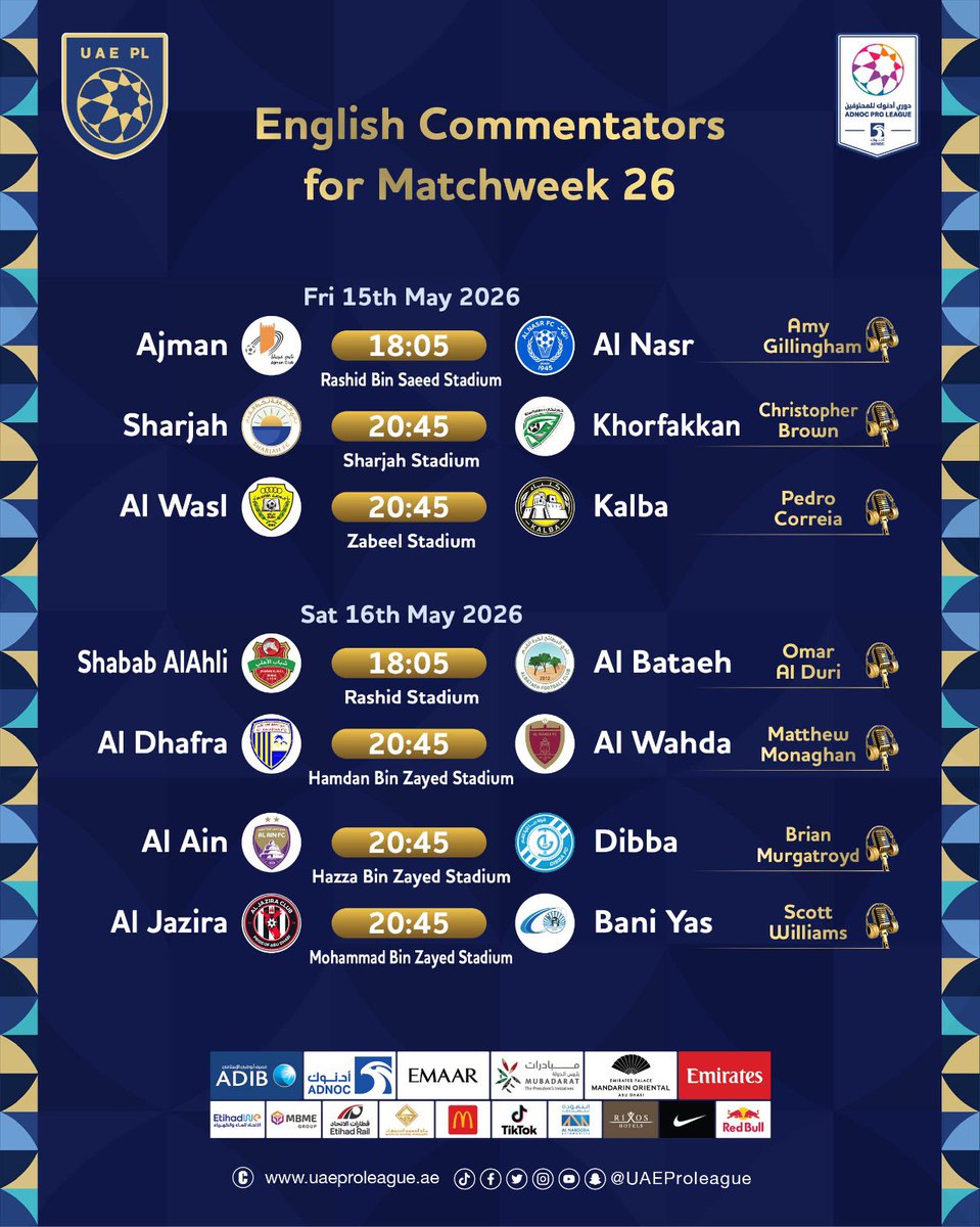 UAEProleague_En's tweet photo. 📸 | Set your reminders and turn up the volume 🔊

Your English commentators for MW 26 are ready 🎙️

#AdnocProLeague ⚽ https://t.co/FkfIVggMbp