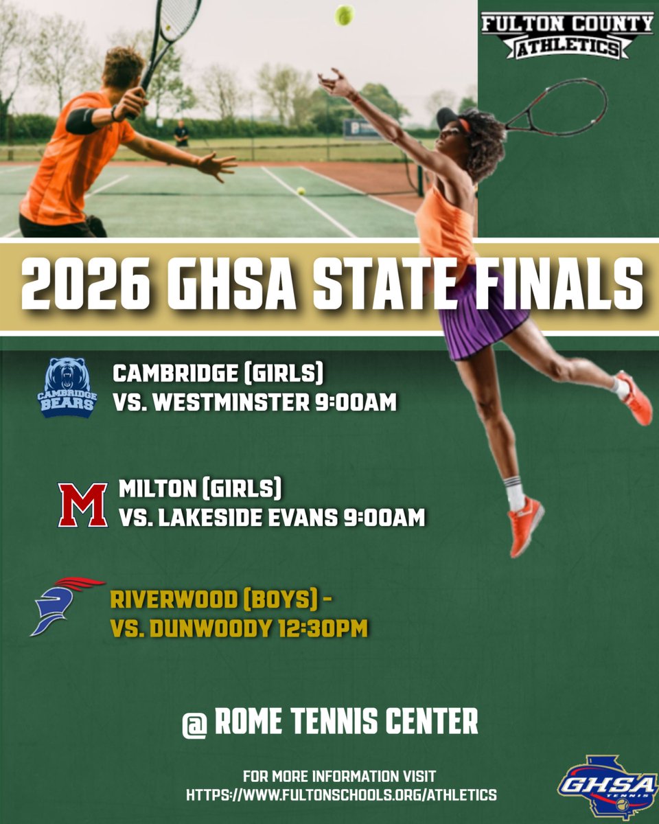 athletics_FCS's tweet photo. Good luck to our @FultonCoSchools Tennis 🎾 teams today as they compete @officialGHSA State Finals today!!! Bring it home!! #FCSAthletics🏆 #WeAreFulton @LGlenn_FCS_AD @BFGaskins @FCSSuptLooney https://t.co/OFyfVAXeUi