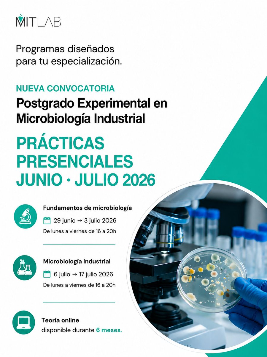 mitlab_sl's tweet photo. 🧫🔬 Nueva convocatoria del Postgrado Experimental en Microbiología Industrial.

📚 Teoría online disponible durante 6 meses.
🧪 Prácticas presenciales:
▪️ Fundamentos de microbiología: 29 junio → 3 julio 2026
▪️ Microbiología industrial: 6 → 17 julio 2026
⏰ Horario: 16 a 20h https://t.co/Xq2YszG3up