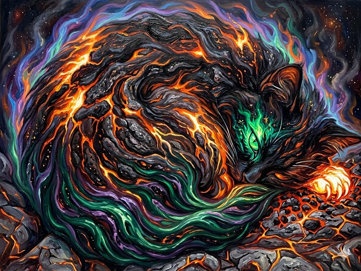 JonMinton's tweet photo. My cat rendered the way I think he sees himself. In this case a dormant firegod. https://t.co/cYH5FzTcju