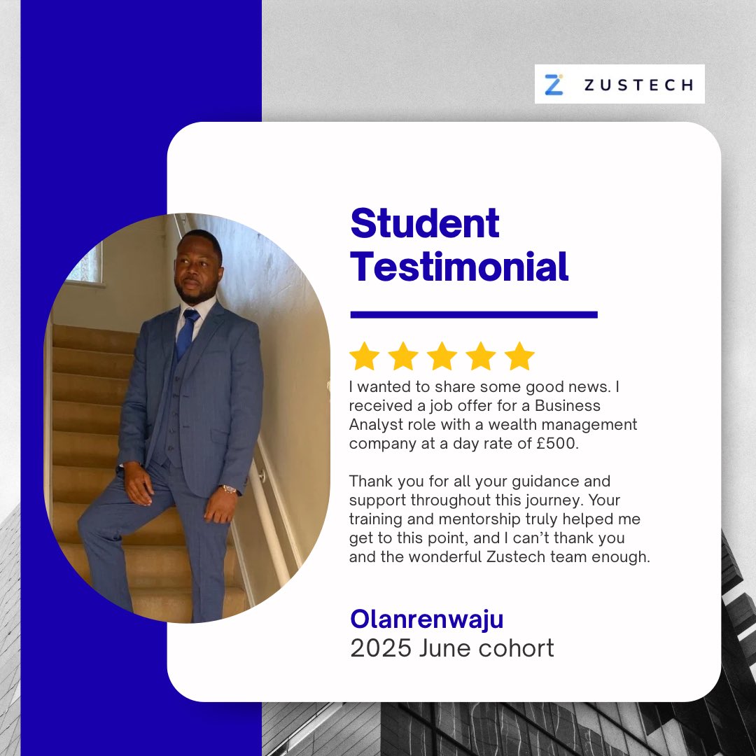 zustech's tweet photo. Our students continue to show what’s possible when practical training meets real-world experience and consistent support.

At Zustech, we don’t just teach Business Analysis, we guide you into it, with real projects, mentorship, and career support that extends beyond the classroom https://t.co/a514eeVL2b