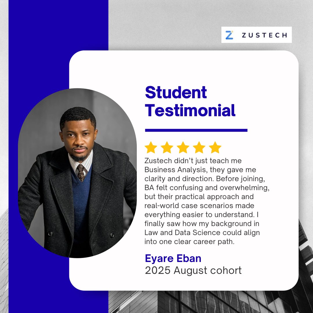 zustech's tweet photo. Our students continue to show what’s possible when practical training meets real-world experience and consistent support.

At Zustech, we don’t just teach Business Analysis, we guide you into it, with real projects, mentorship, and career support that extends beyond the classroom https://t.co/a514eeVL2b