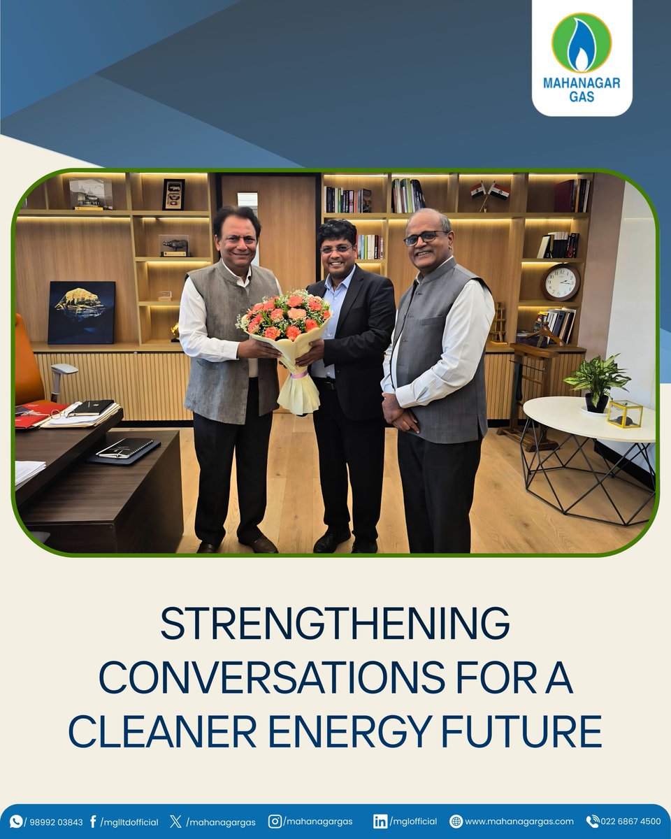 mahanagargas's tweet photo. #MGLUpdate
Mr. Praveer Kumar Srivastava (MD - MGL) & Mr. Ajay Sinha (DMD - MGL), had the privilege of meeting Dr. Anil Kumar Jain, Chairperson, PNGRB & Shri Alok Tripathi, Joint Secretary - Gas, MoPNG, for meaningful discussions on the current energy landscape and the way forward for cleaner, more reliable energy access.
They discussed MGL's commitment to strengthening PNG connectivity and expanding access to safer, sustainable fuel solutions for more homes across our service areas.
As India continues to navigate evolving energy needs, we remain committed to working closely with key stakeholders to support long-term energy security and cleaner urban living.