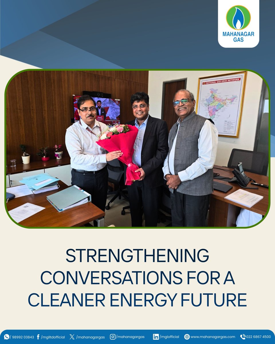 mahanagargas's tweet photo. #MGLUpdate
Mr. Praveer Kumar Srivastava (MD - MGL) & Mr. Ajay Sinha (DMD - MGL), had the privilege of meeting Dr. Anil Kumar Jain, Chairperson, PNGRB & Shri Alok Tripathi, Joint Secretary - Gas, MoPNG, for meaningful discussions on the current energy landscape and the way forward for cleaner, more reliable energy access.
They discussed MGL's commitment to strengthening PNG connectivity and expanding access to safer, sustainable fuel solutions for more homes across our service areas.
As India continues to navigate evolving energy needs, we remain committed to working closely with key stakeholders to support long-term energy security and cleaner urban living.