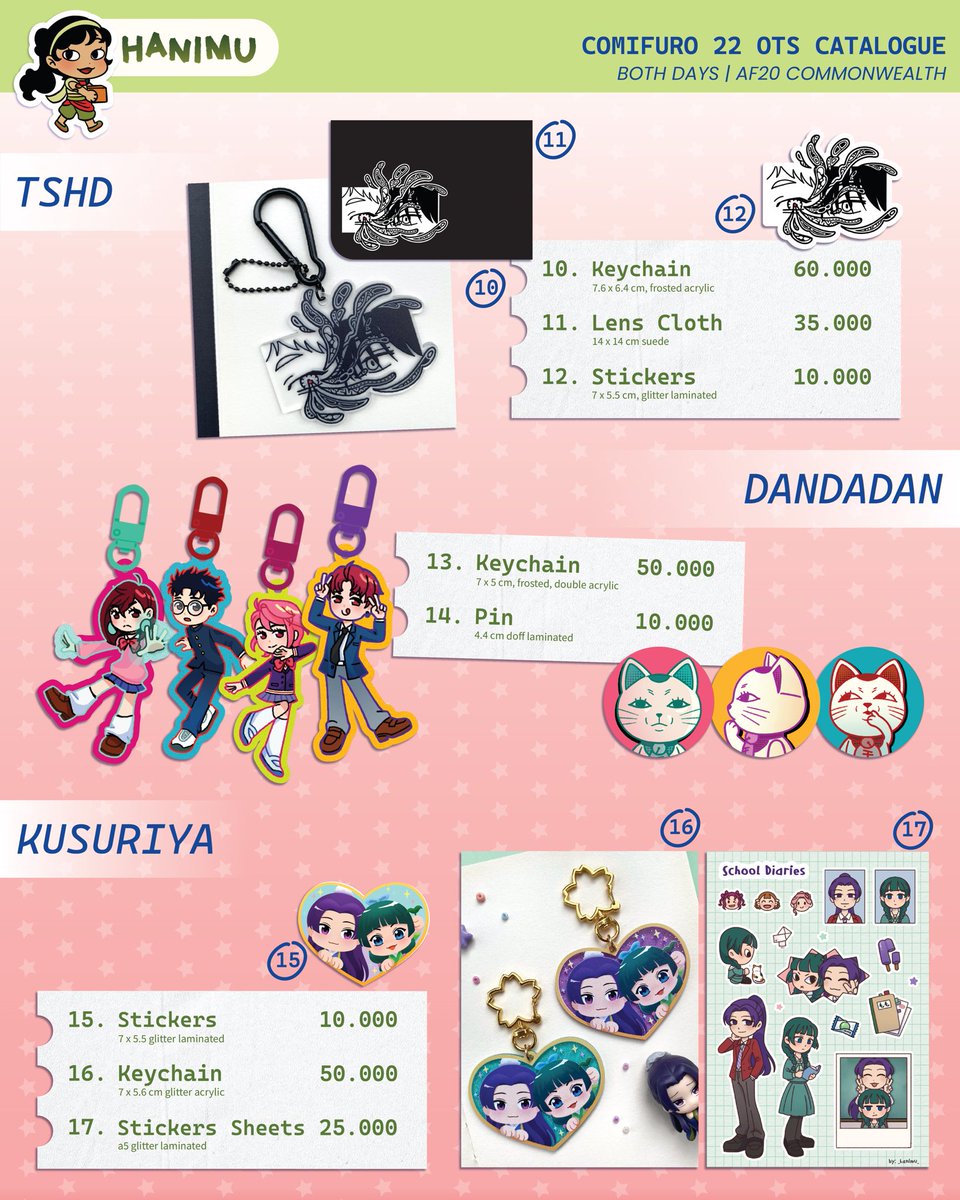 _hanimu_'s tweet photo. [🔁&amp; 💚 are appreciated!] 

Hanimu's CF22 OTS Catalogue &amp; P-Land Vol.5 PO °⋆. ࿔*:･

🍡Booth AF-20 “Common Wealth” 
🍵Both days 16-17 May 2026 

🪷Hai Miiko, Keroro Gunso, Strawberry Shortcake, Dandadan, TSHD, The Apothecary Diaries, Frieren, Lads, Originals, Accessories https://t.co/MMb43zMqnC