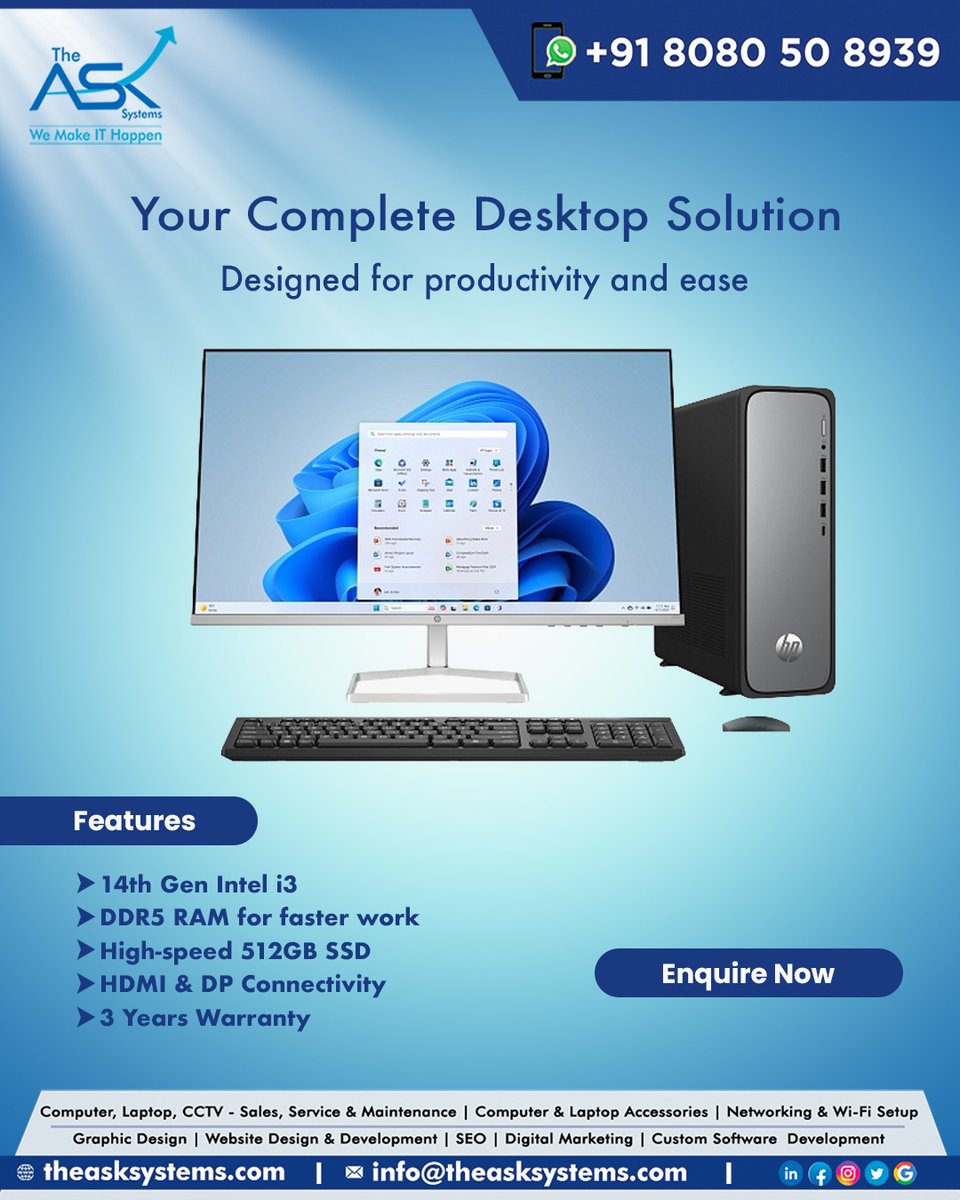 theasksystems's tweet photo. 𝗕𝗼𝗼𝘀𝘁 𝘆𝗼𝘂𝗿 𝗽𝗿𝗼𝗱𝘂𝗰𝘁𝗶𝘃𝗶𝘁𝘆 𝘄𝗶𝘁𝗵 𝘁𝗵𝗲 𝘂𝗹𝘁𝗶𝗺𝗮𝘁𝗲 𝗗𝗲𝘀𝗸𝘁𝗼𝗽! 

The power you need to succeed 💻
➤ 14th Gen Intel i3
➤ DDR5 RAM
➤ 512GB High-Speed SSD
➤ Flexible Connectivity
➤ Peace of Mind: Comes with a 3-year warranty

👉 Enquire Now https://t.co/oQ7ibl13ar