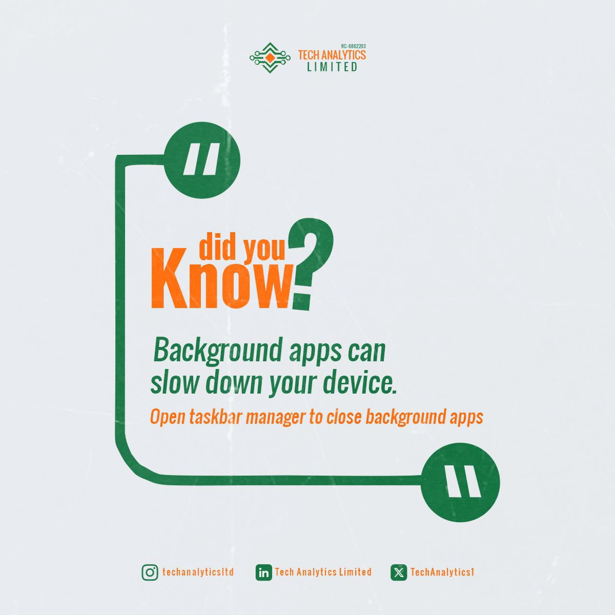 TechAnalytic1's tweet photo. 💡 Did You Know?
Background apps are slowing down your device right now.

Fix it in 30 seconds:
⚡ Windows → Ctrl+Shift+Esc → End tasks

📱 Phone → Swipe away unused apps
Simple. Fast. Effective. 🚀

#TechTip #DidYouKnow #TechAnalyticsLimited #NaijaTech https://t.co/BXLN6o9hR5
