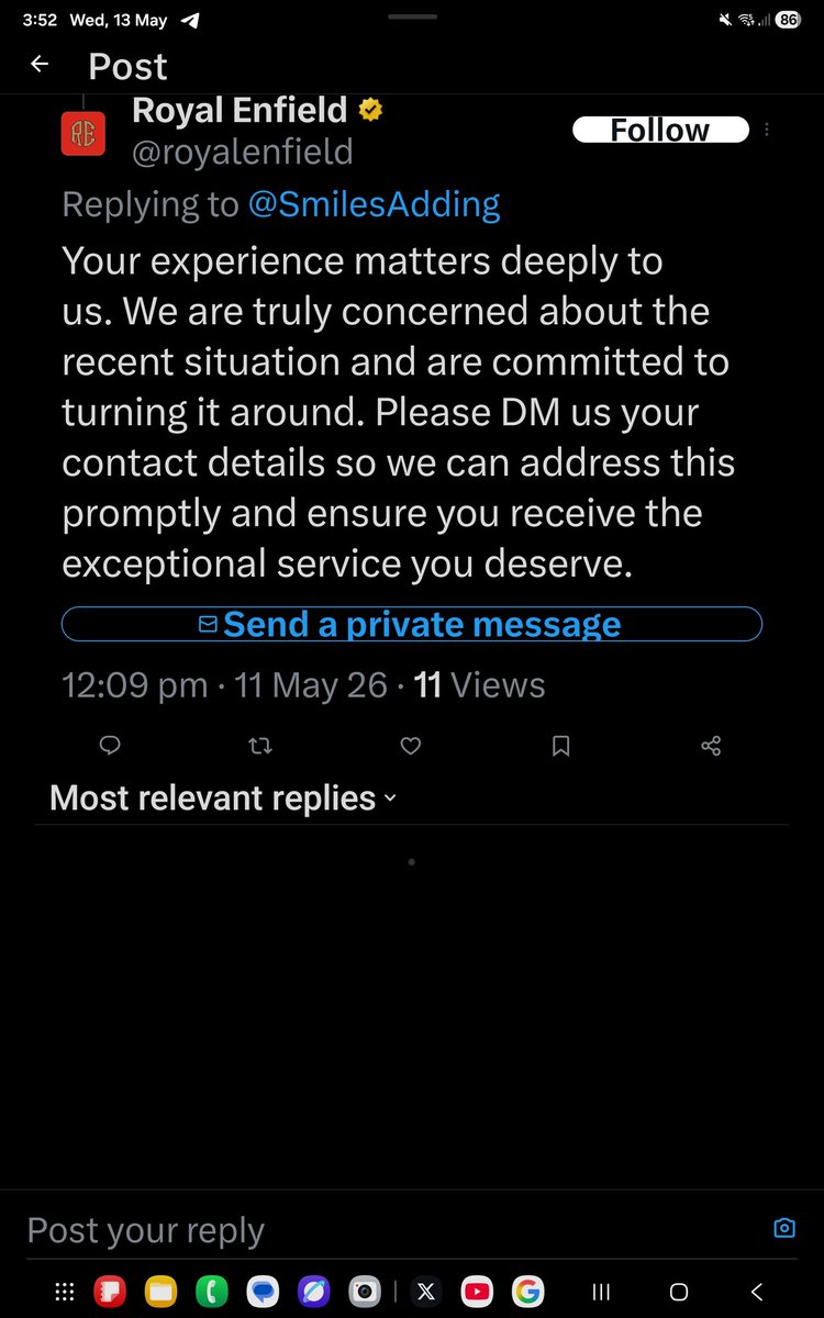 SmilesAdding's tweet photo. @royalenfield @EicherMotorsLtd 
The level of irresponsible attitude that i have witnessed from such a reputed brand @royalenfield is really shocking. It's been 3 days since i received this reply but still my issue has not been resolved. https://t.co/NoIkCorIHl