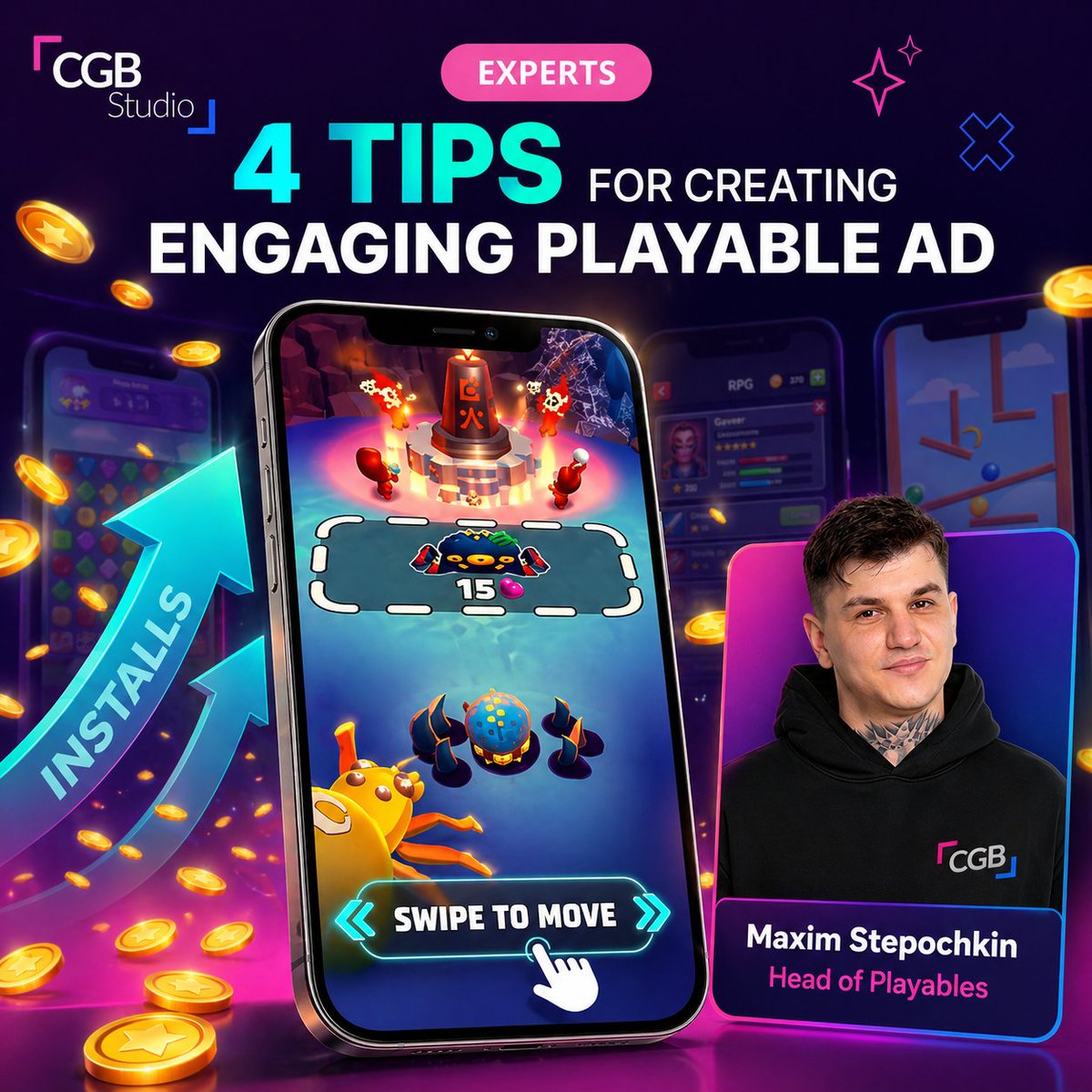 CgbStudio60193's tweet photo. 🔔What makes playable ads truly engaging?
📝We’ve gathered 4 practical tips from our Head of Playables — Maxim Stepochkin.
📌See all our Playable Ads examples here: https://t.co/wXe5DOJBTh
#gamedev #mobilegames #playables #playableads #gamemarketing #cgbstudio https://t.co/cSwuda0Mo2