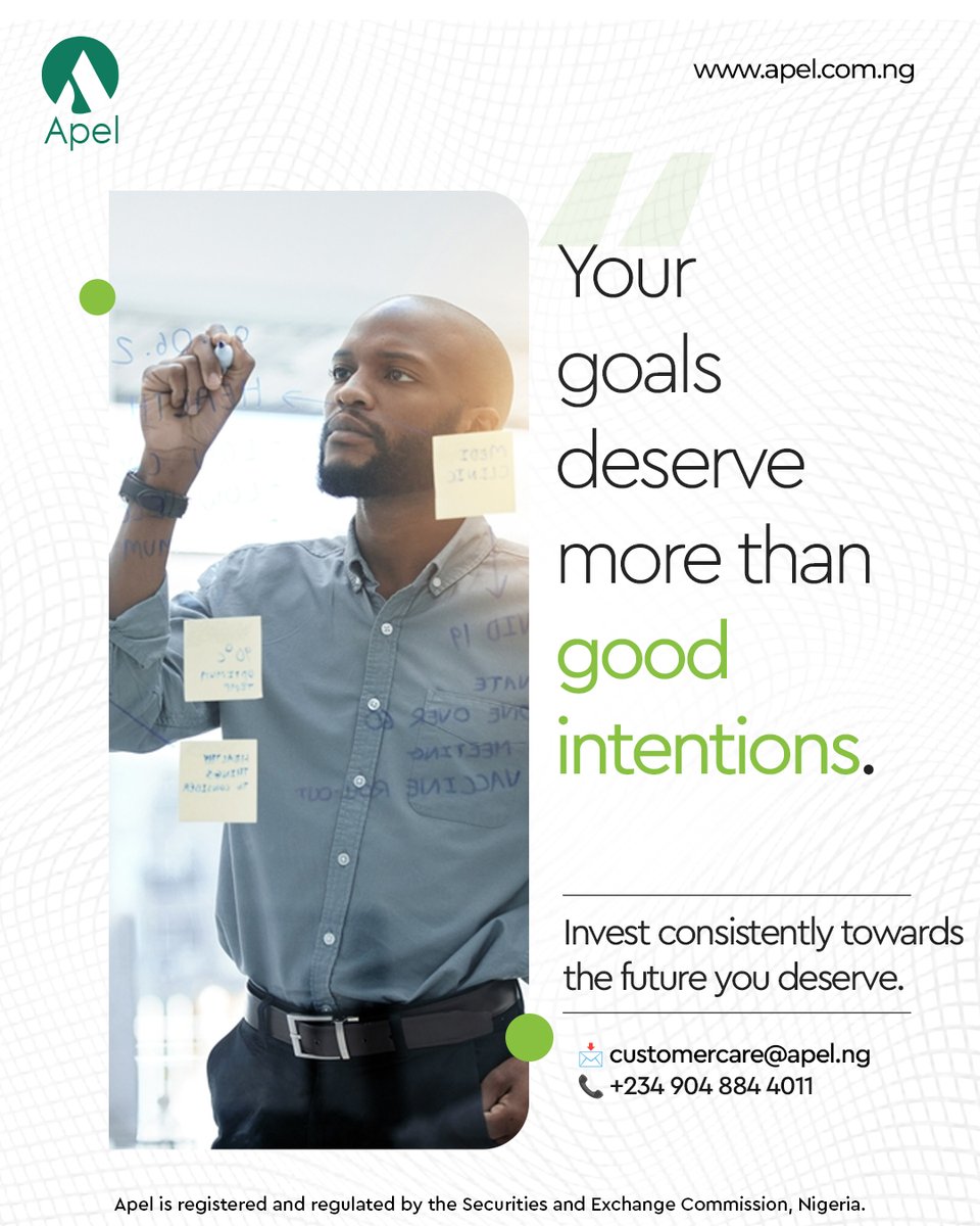 apelng's tweet photo. Your goals deserve more than good intentions.
They deserve action, discipline, and smart financial decisions.

The future you want won’t happen by chance; it starts with the steps you take today.

To learn more about our investment products, 
contact us via:
📞 02-013301992, +234 704 627 7071
📩 customercare@apel.ng