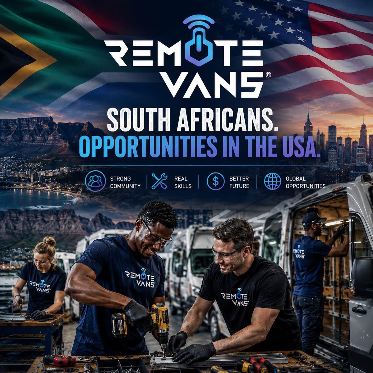 Daryn_H's tweet photo. 🚨 Exciting opportunity for my South African network. Remote Vans based in Cincinnati, Ohio is officially recruiting South Africans to come over to the USA and be apart of our amazing adventure van company.  Not a refugee program, but 10 month contracts (Oct-Aug), great pay, and loads of fun. The best part? You make lots of $$$ and be home for summer! https://t.co/9FQdeGhQZD  and join the FB group here: https://t.co/1dRWDk4LJl