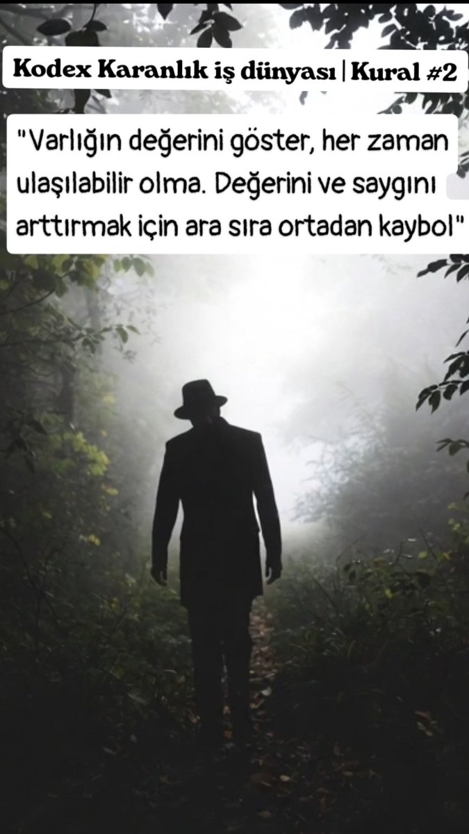 Gaddarpatron's tweet photo. Kodex Karanlık iş dünyası | Kural #2

"Varlığının değerini göster, her zaman ulaşabilir olma. Deǧerini ve saygını arttırmak için ara sıra ortadan kaybol!" https://t.co/LvBZbUFUAM
