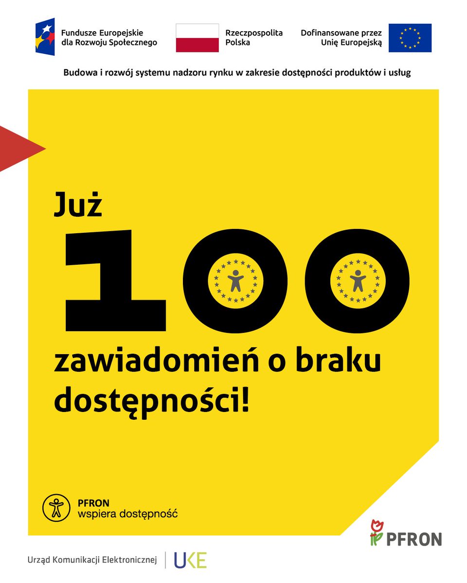 funduszpfron's tweet photo. Do #PFRON wpłynęło już 1️⃣0️⃣0️⃣ zawiadomień dotyczących braku dostępności produktów i usług objętych ustawą #PolskiAktODostępności.

To wyraźny sygnał, że osoby ze szczególnymi potrzebami coraz częściej i odważniej korzystają ze swoich praw.👏

Rosnąca liczba zgłoszeń to nie tylko statystyka — to konkretne działania prowadzące do zmian.
Każde zgłoszenie to:
• krok w stronę większej dostępności,
• sygnał dla przedsiębiorców,
• realna poprawa jakości życia.

Rynek reaguje, a standardy rosną — i to dzięki Wam!

Przypominamy:
Jeśli napotykasz problem z dostępnością produktu lub usługi, możesz łatwo zgłosić go przez portal https://t.co/ZVMIHvPdA7
To zajmuje tylko chwilę, a może zmienić naprawdę wiele.
Razem tworzymy świat dostępny dla wszystkich! 

#PAD #Dostępność @UKE_GOV_PL @fundusze_eu #UE