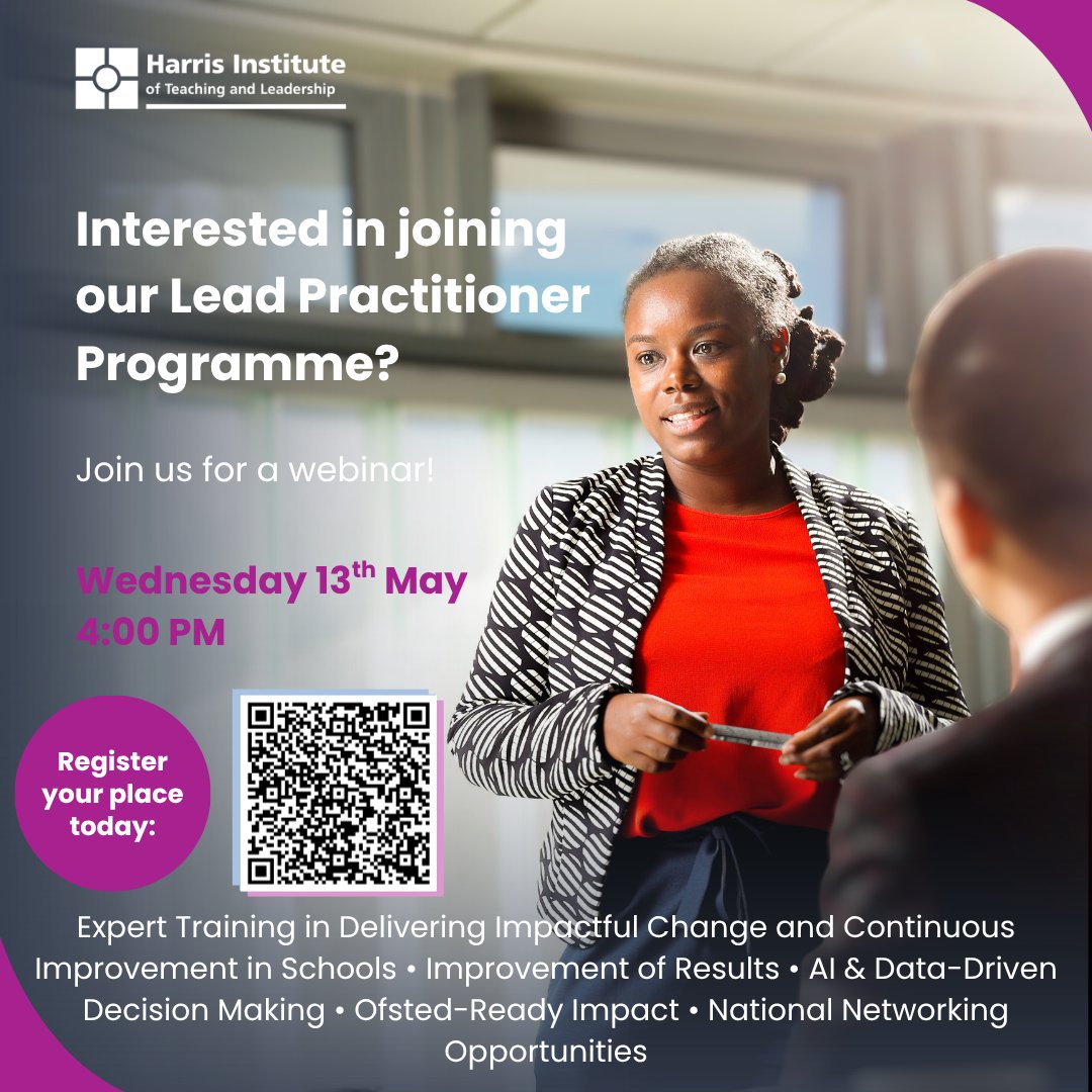 Harrisinst's tweet photo. Join us TODAY at 4:00PM to explore the Lead Practitioner Programme!

Register today using the QR code or the link below 👇

https://t.co/QjERPo1frm

#HarrisInstitute #Leadpractitioner #Education #Schools #Apprenticeships #ProfessionalDevelopment #ReflectivePractice https://t.co/EWFEQboizV