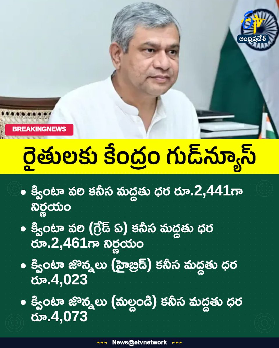 etvandhraprades's tweet photo. #MSPHike
#MinimumSupportPrice
#Cabinet
#Agriculture
#AshwiniVaishnaw
#Etvapbreaking https://t.co/2APumEUSaR