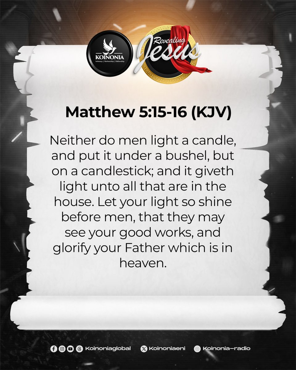 koinoniaeni's tweet photo. REVEALING JESUS: LAMPSTANDS (GOD’S STRATEGY FOR TERRITORIAL DOMINION AND TRANSFORMATION)

The ministry of the Lampstand reveals the identity and responsibility of the Church on earth. The Church is not just a gathering of Believers; it is God’s strategy for sustaining light, and advancing His purposes across territories and generations. The work of a lampstand is the corporate expression of God’s people within a territory, established, as witnesses of His truth, wisdom, authority, and character.

Jesus is the True Light, and the Church is called to bear witness of that Light. Our assignment extends beyond church walls into territories, systems, and generations; illuminating societies, revealing God’s nature, and manifesting His wisdom and power in every sphere of influence. The first duty of a lampstand is to stay with God, until He lights and transforms the Believer, because the depth of our making determines the strength of our impact.

Through the ministry of The Holy Spirit, The Word, and the teaching priest, God equips vessels that can accurately represent Him. As lampstands, we exist to reveal Jesus and fulfill His prophetic agenda upon the earth; both to the unsaved and to the Church, and within territories and systems.

Every lampstand passes through three major phases:

1. The Lighting Phase – the making and transformation of the Believer.
2. The Placement Phase – being positioned within territories and assignments according to God’s eternal purpose.
3. The Shining Phase – becoming visible expressions of God’s light, wisdom, power, and character to the world.

There are 3 Ways Believers Shine as Light:
• Words – speaking with wisdom, grace, truth, and transformation.
• Lifestyle – reflecting the nature, character, and fruit of The Spirit.
• The Witness of Mighty Works – manifesting wisdom, productivity, excellence, and the power of God.

Jesus is the Pattern Lampstand, carrying the fullness of God’s light and revealing The Father to the world. As we stay with Him, He purifies and lights us, until we become living witnesses of His life, power, and glory in our generation.

#RevealingJesus
#KoinoniaAbuja
#KoinoniaGlobal