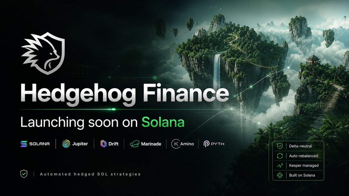 0xAI_pump's tweet photo. Launching soon on @solana.

Hedgehog Finance is a hedged SOL vault with mSOL exposure, SOL-PERP shorts, live risk controls, and keeper rebalancing.

Built for @SuperteamAU with @JupiterExchange @DriftProtocol @MarinadeFinance  @kamino @PythNetwork

The hedgehog is coming. https://t.co/GzGfBfcJOe